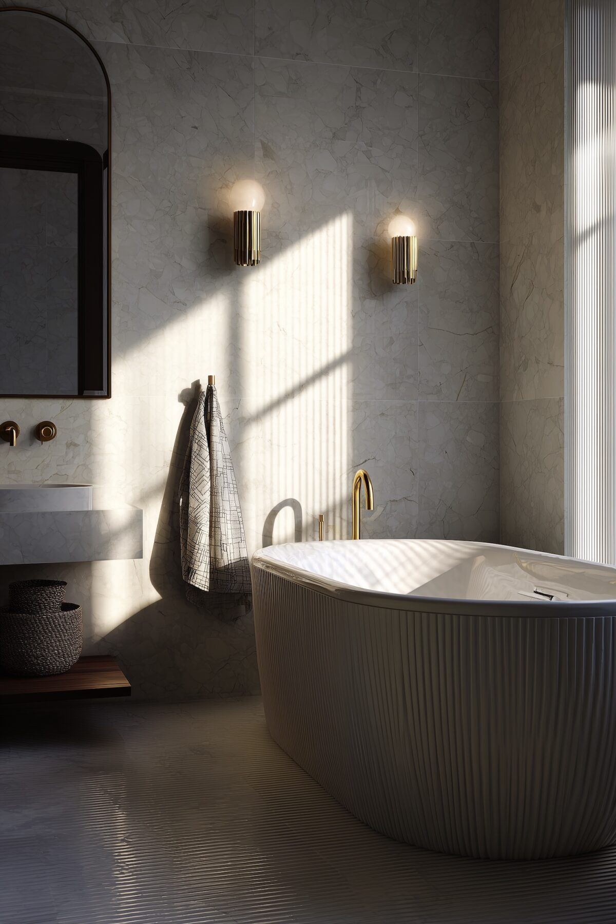 salle de bain grise clair baignoire ilot relief