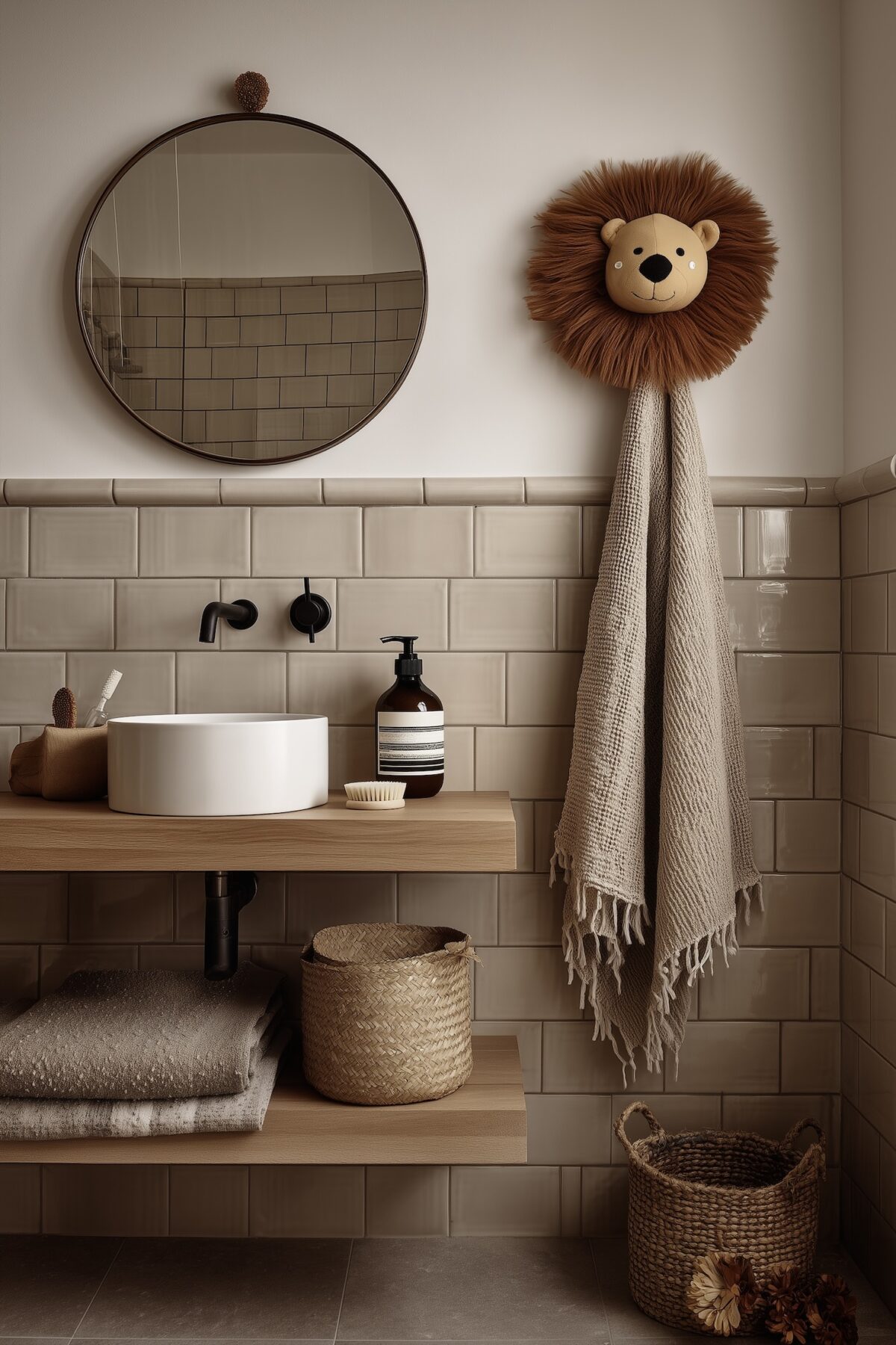 salle de bains thème lion enfant beige