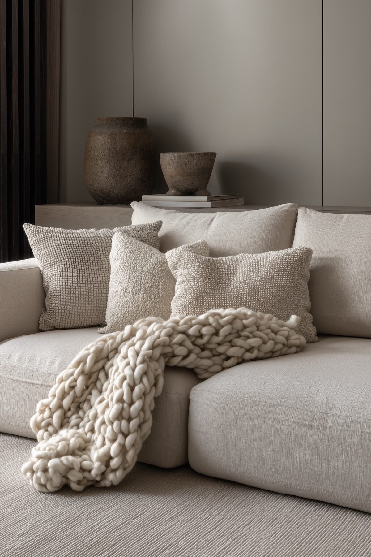 canapé beige coussins texturés déco cosy
