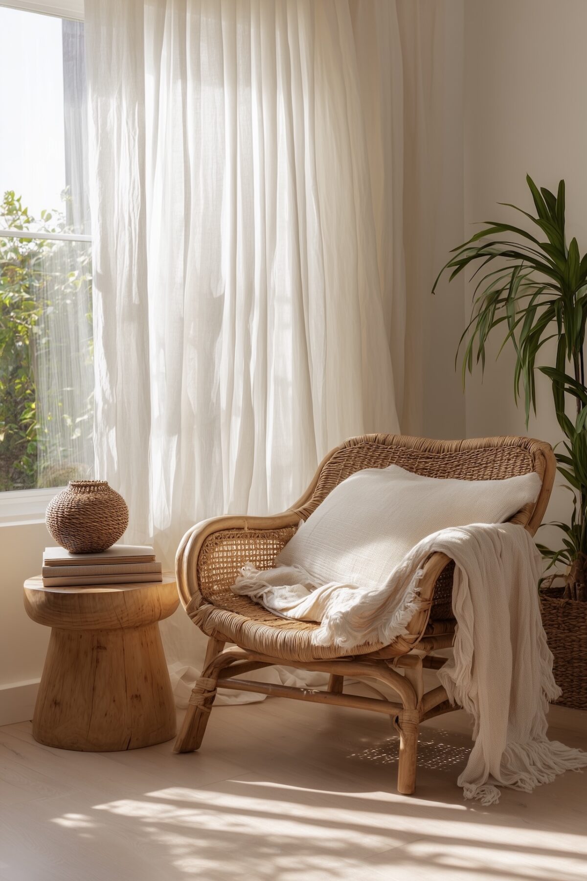 coin lecture naturel fauteuil rotin rideaux lin ambiance détente