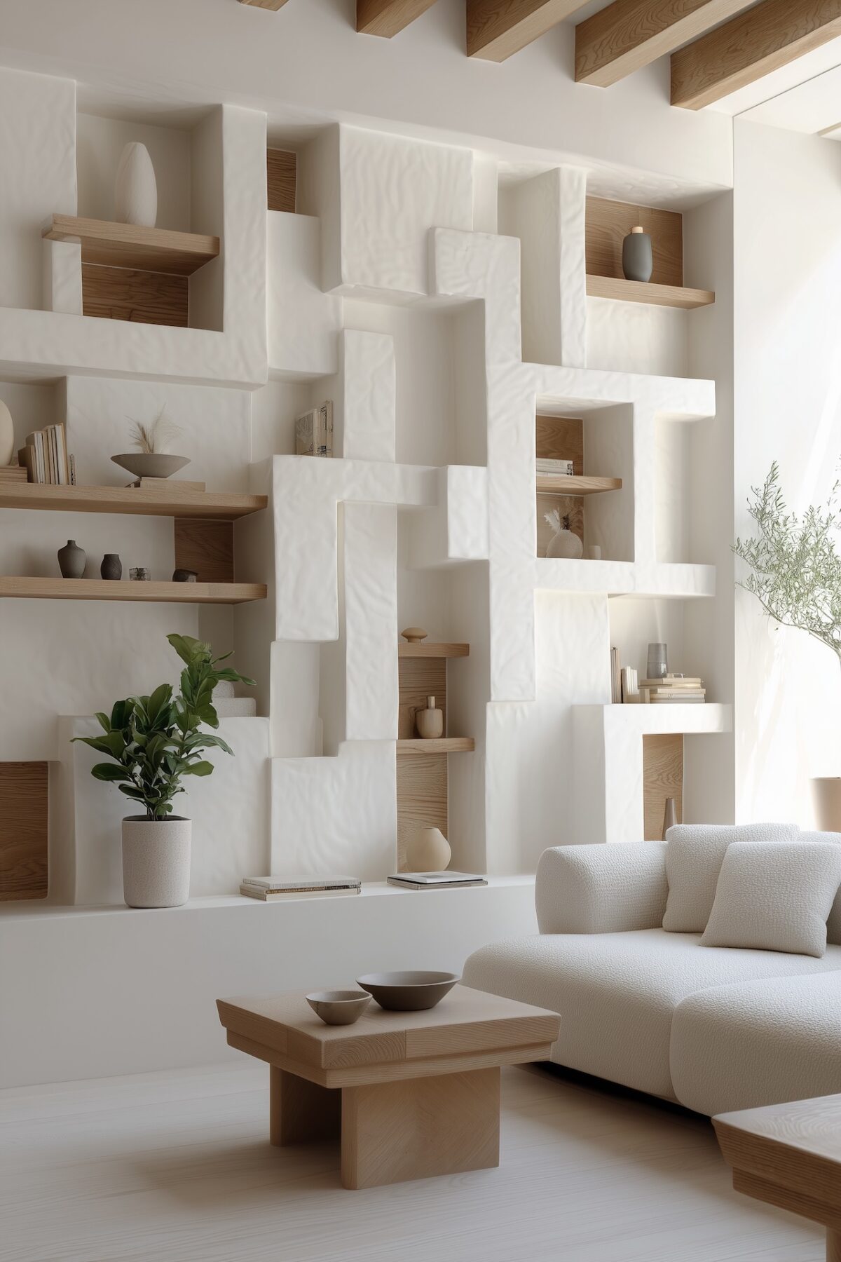 niche murale en plâtre diy salon blanc bois