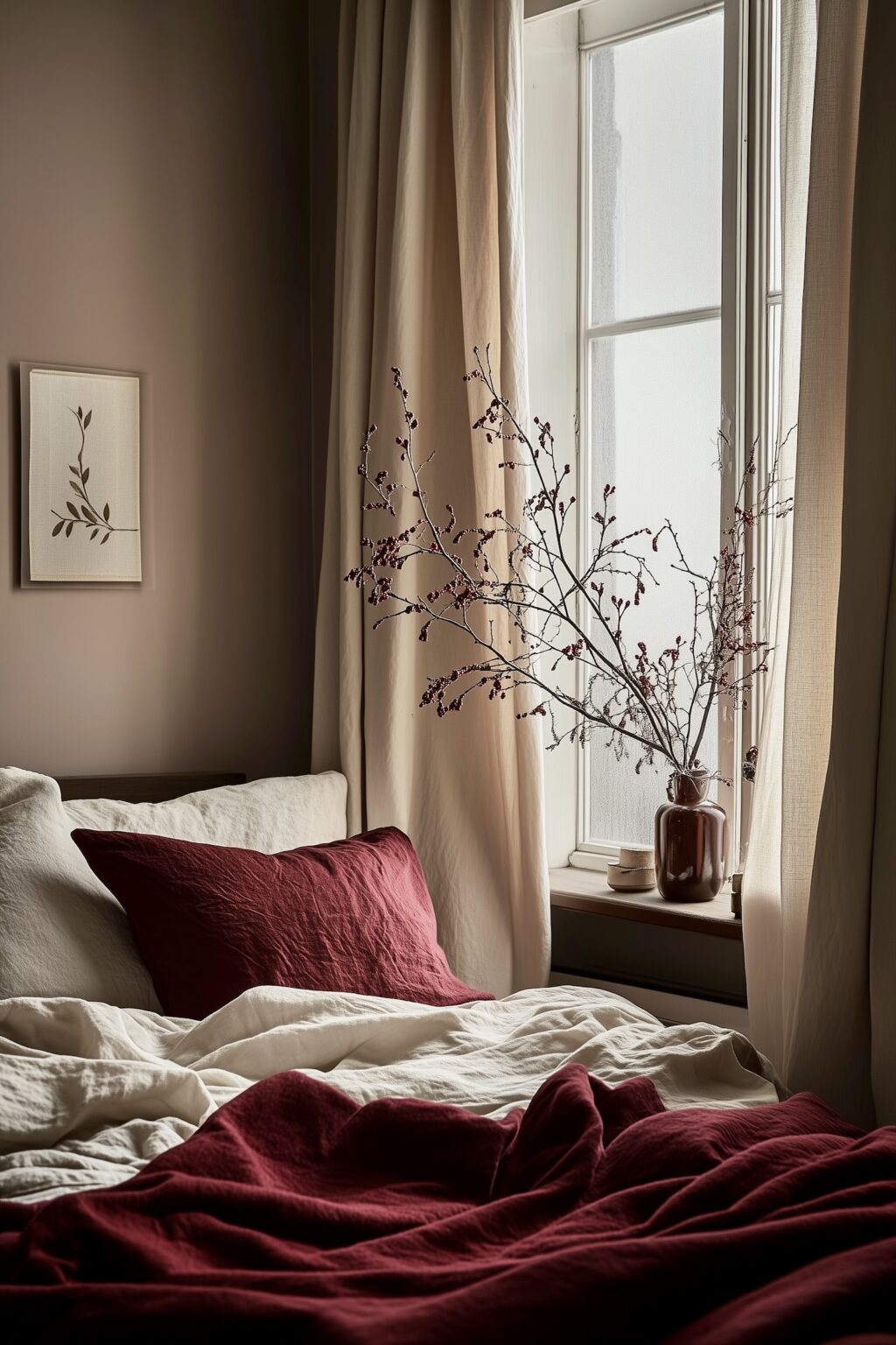 réchauffer déco hiver chambre lin beige framboise bordeaux