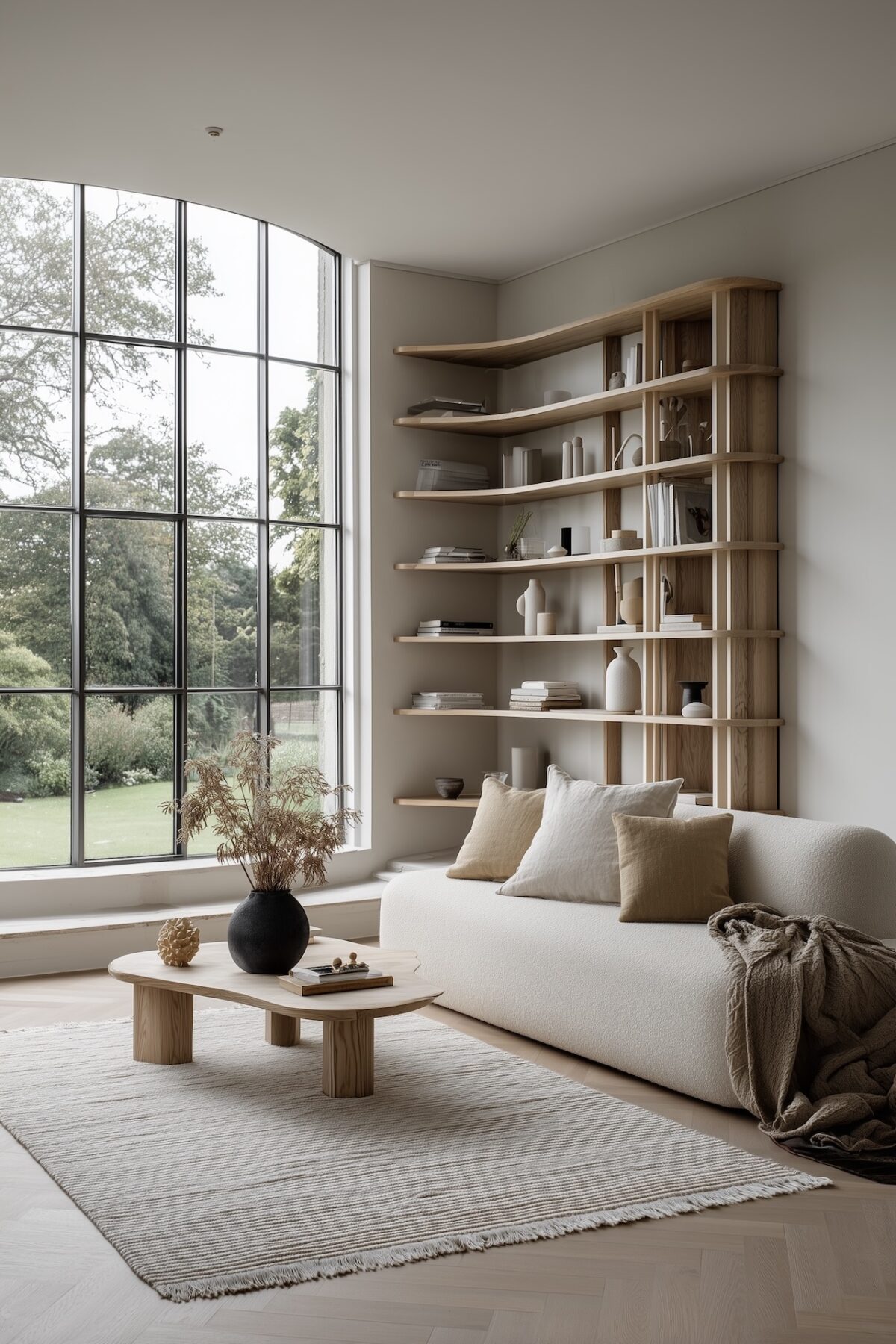 salon lumineux étagères bois arrondie angle