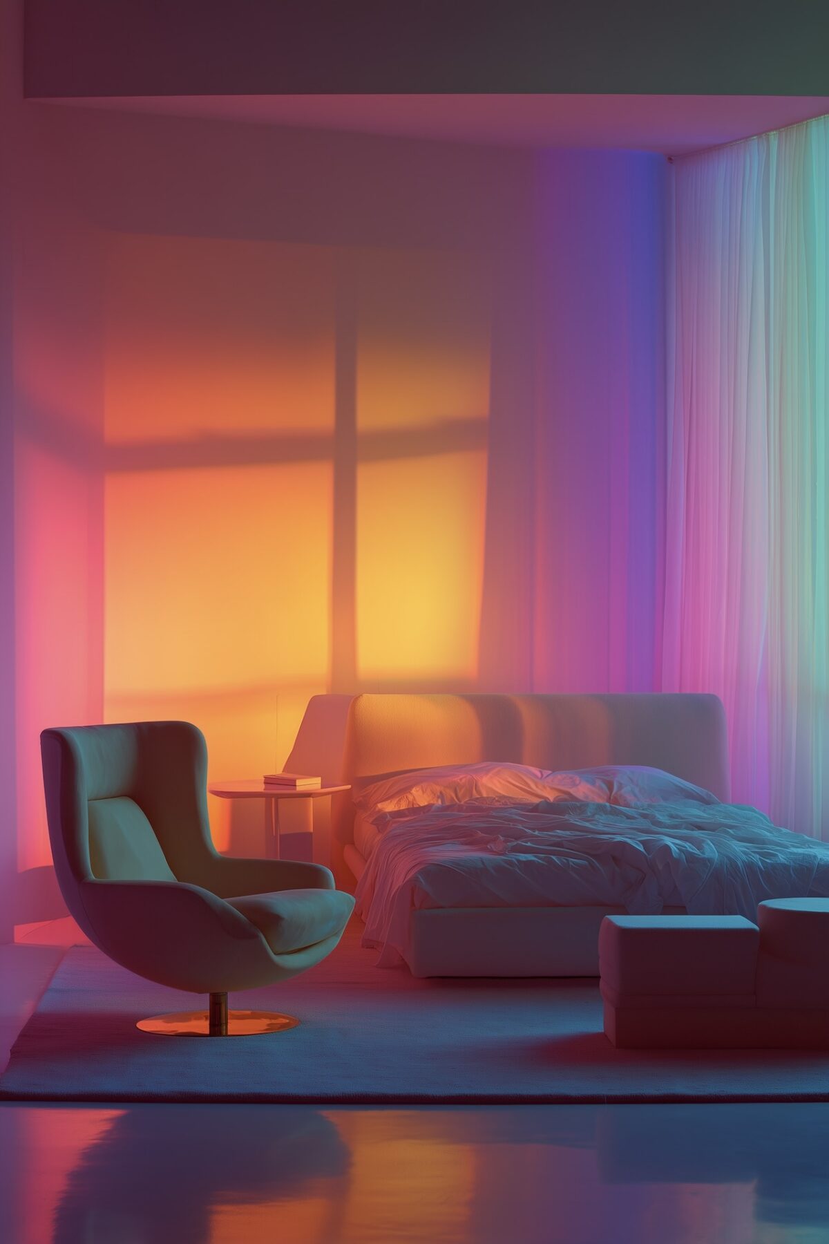 chambre style années 80 luminaire arc en ciel