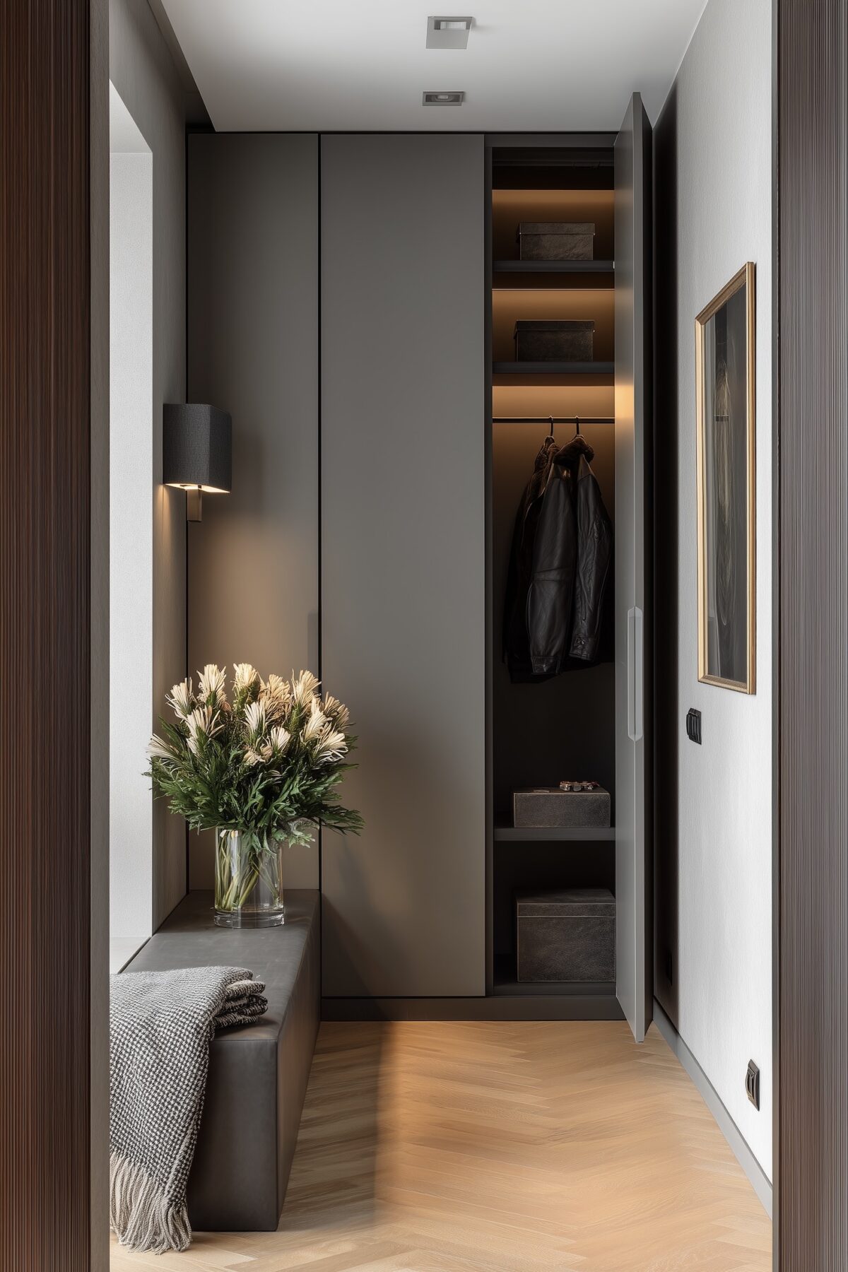 couloir étroit placards gris muraux hauteur plafond