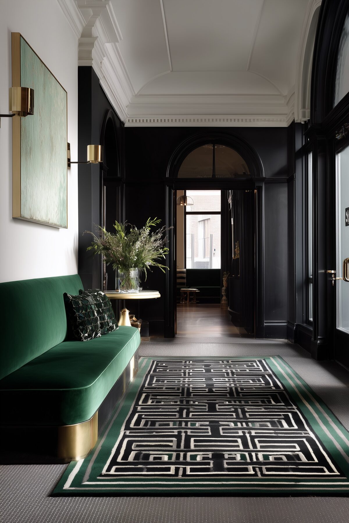 entrée banquette verte laiton tapis velours graphique