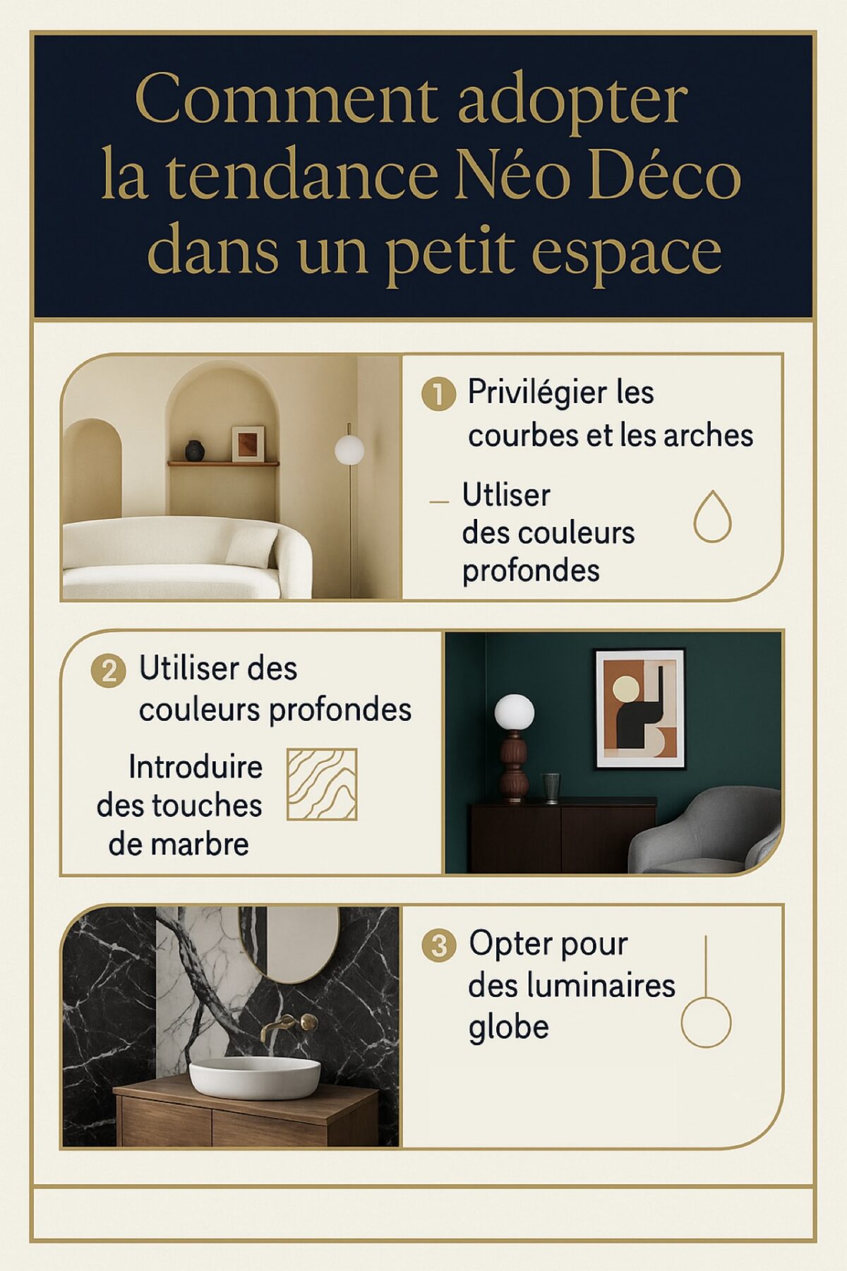 infographie style Néo Art Déco petit appartement astuces