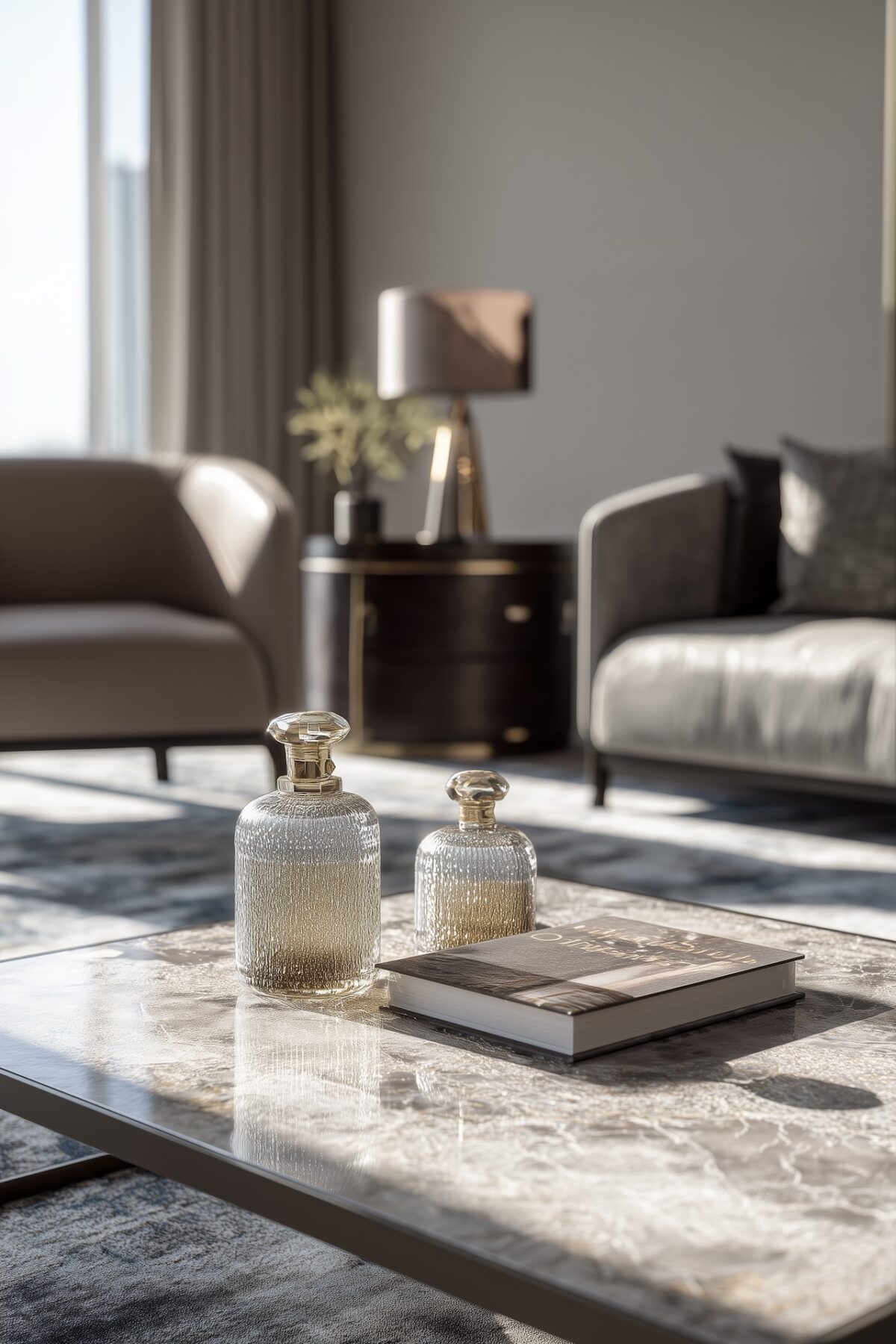 intérieur luxe flacons verre marbre lumineux