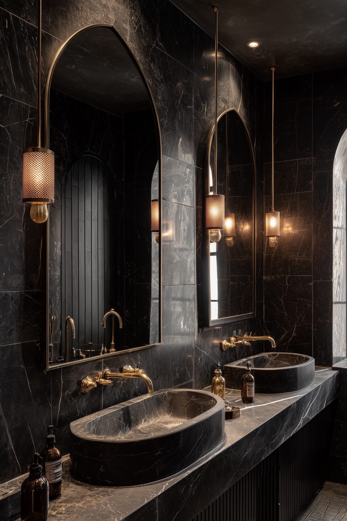 meuble vasque marbre noir robinet or mat