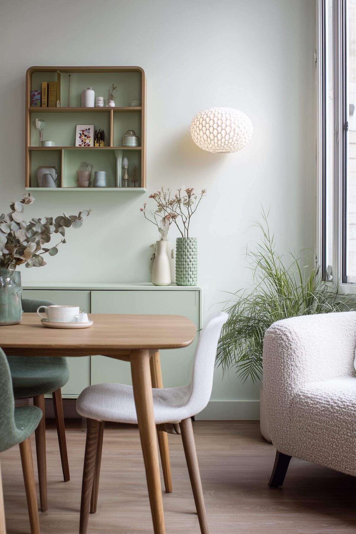 petit salon vert céladon menthe coin repas