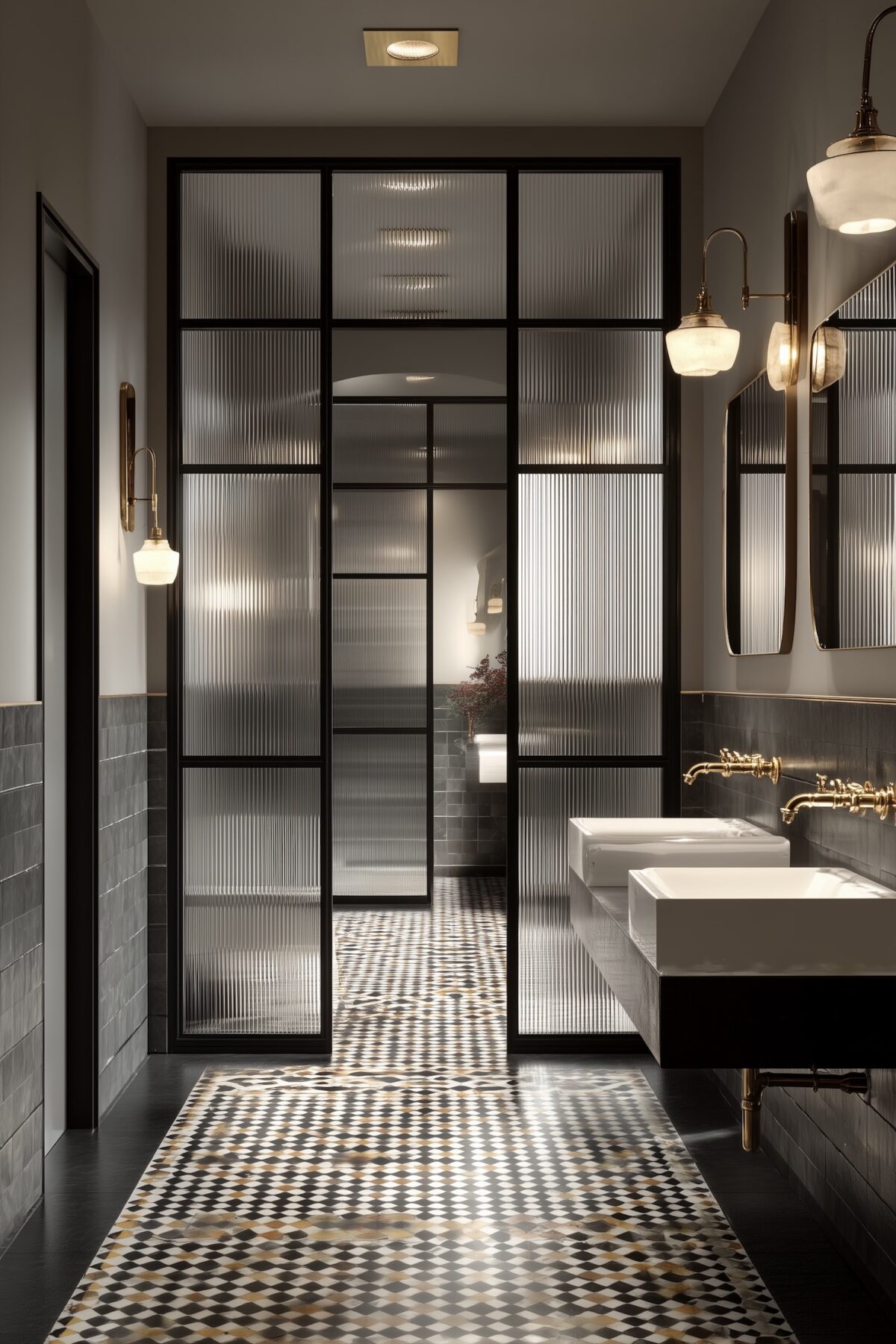 salle de bains vert cannelé marbre noir