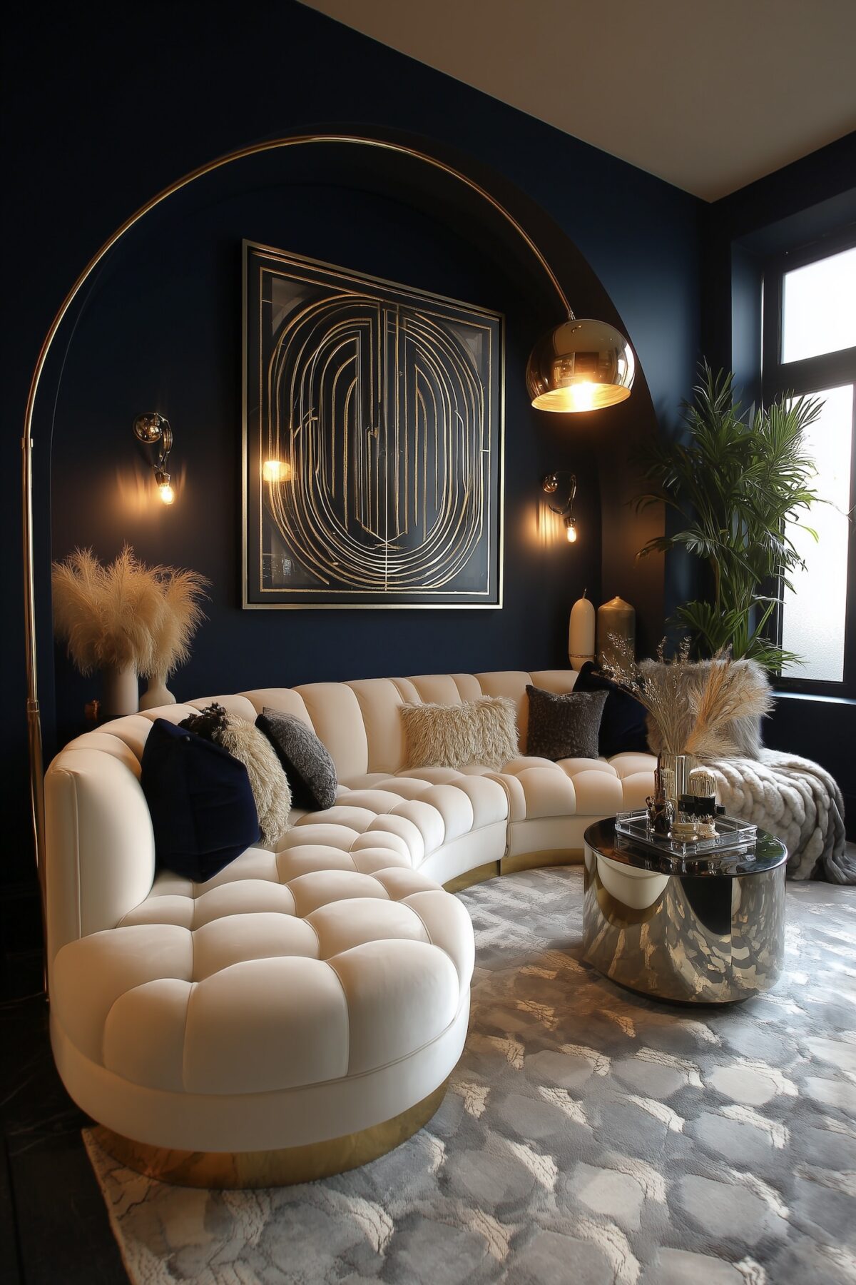 salon néo art déco canapé arrondi lampe laiton arc