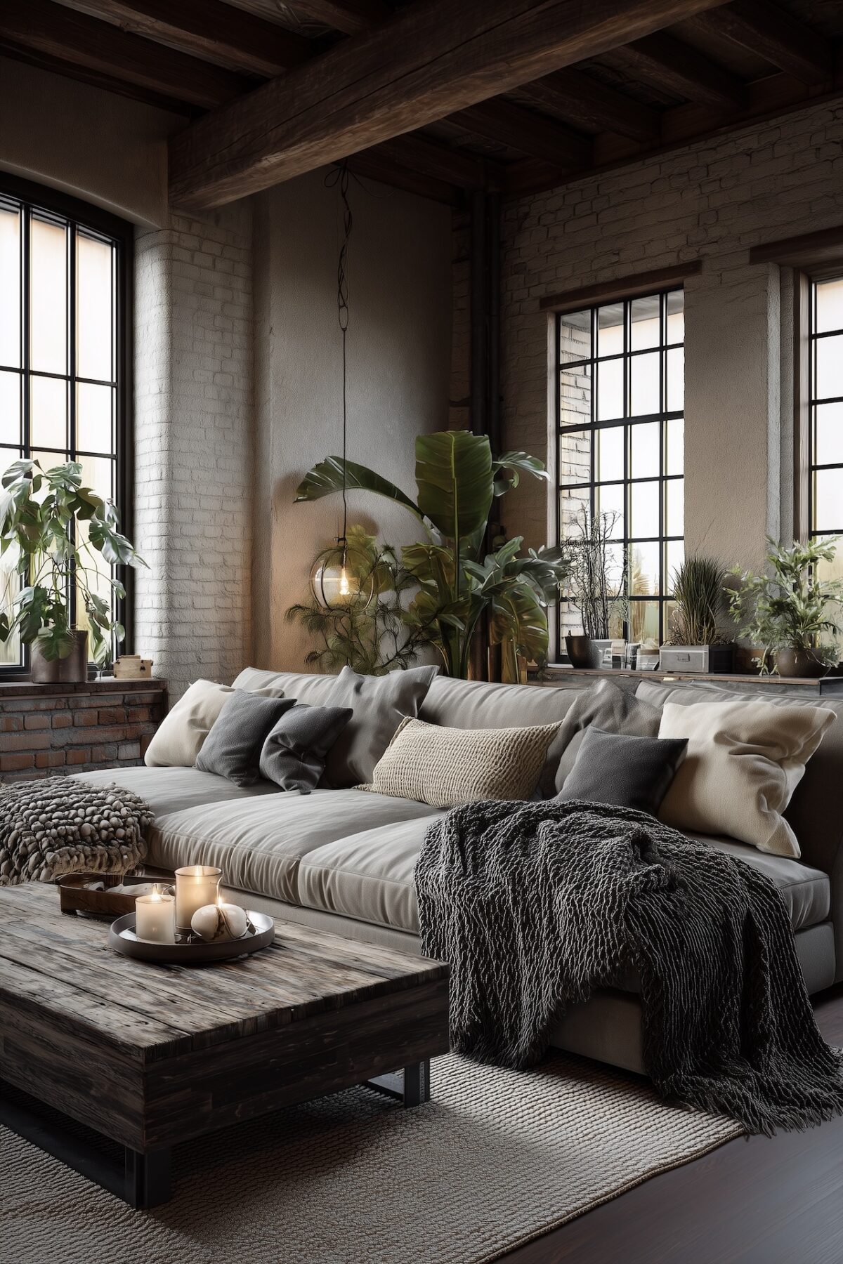 séjour ouvert mobilier brut bois métal mur briques peint blanc