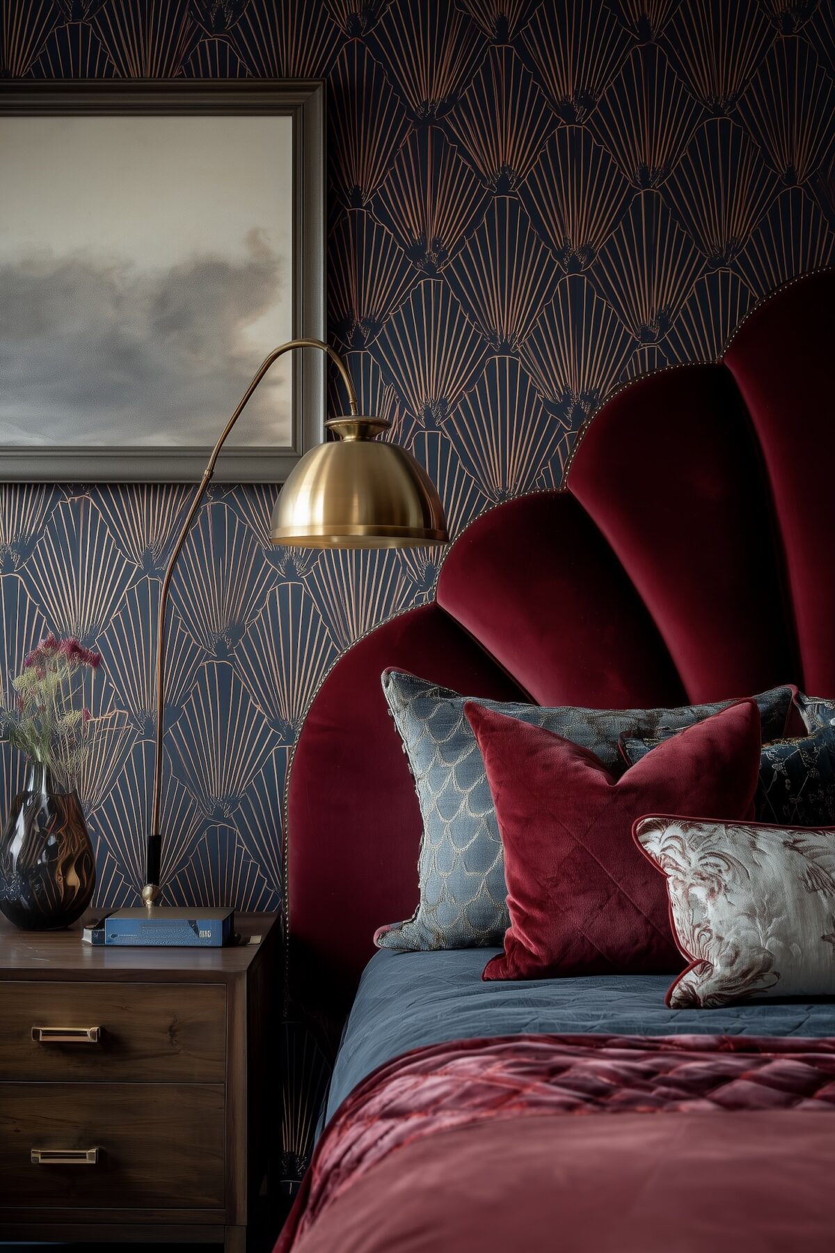tête de lit velours rouge éventail papier peint bleu doré
