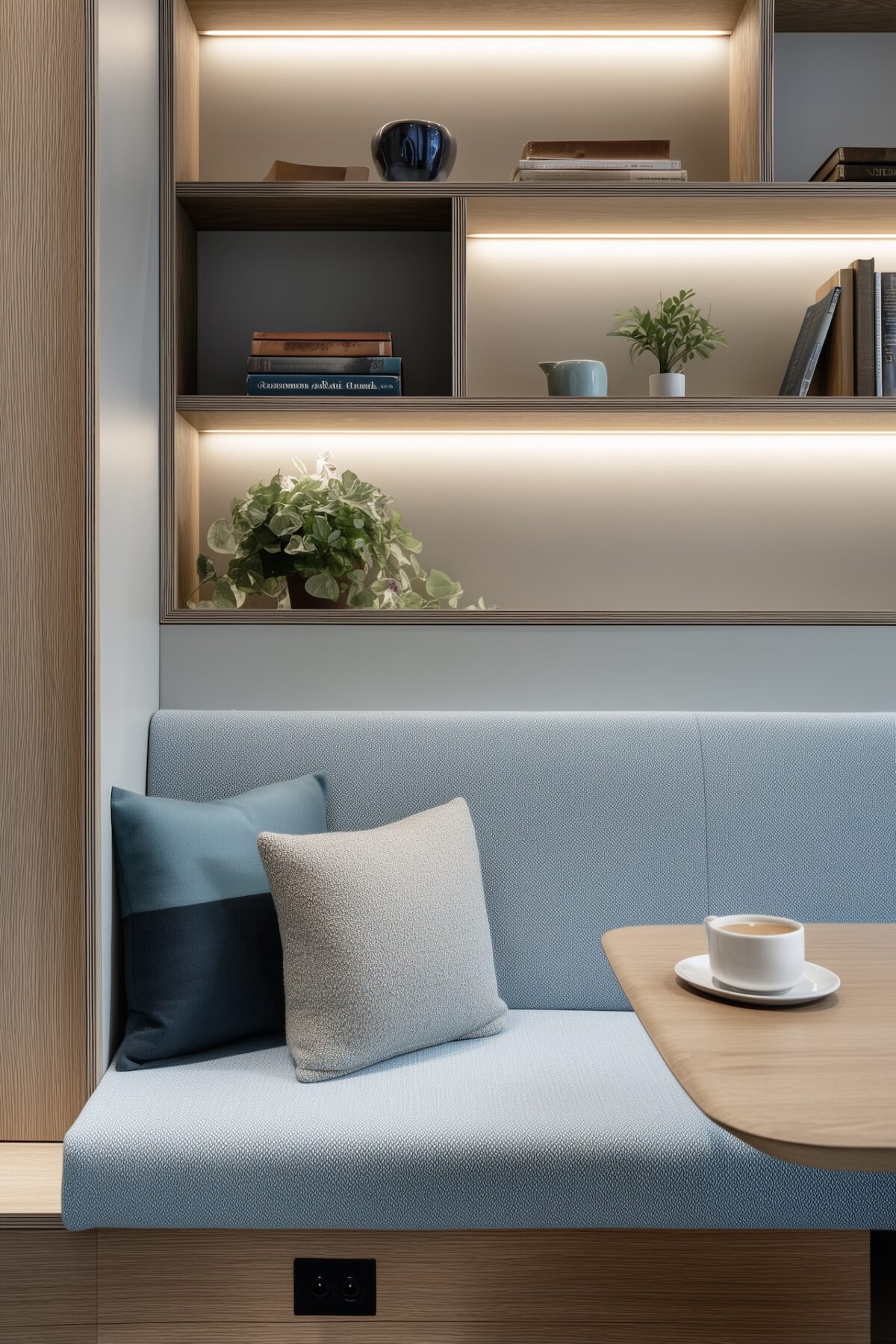 Banquette sur mesure avec rangements intégrés et niches rétroéclairées, coin repas cosy pour petit appartement