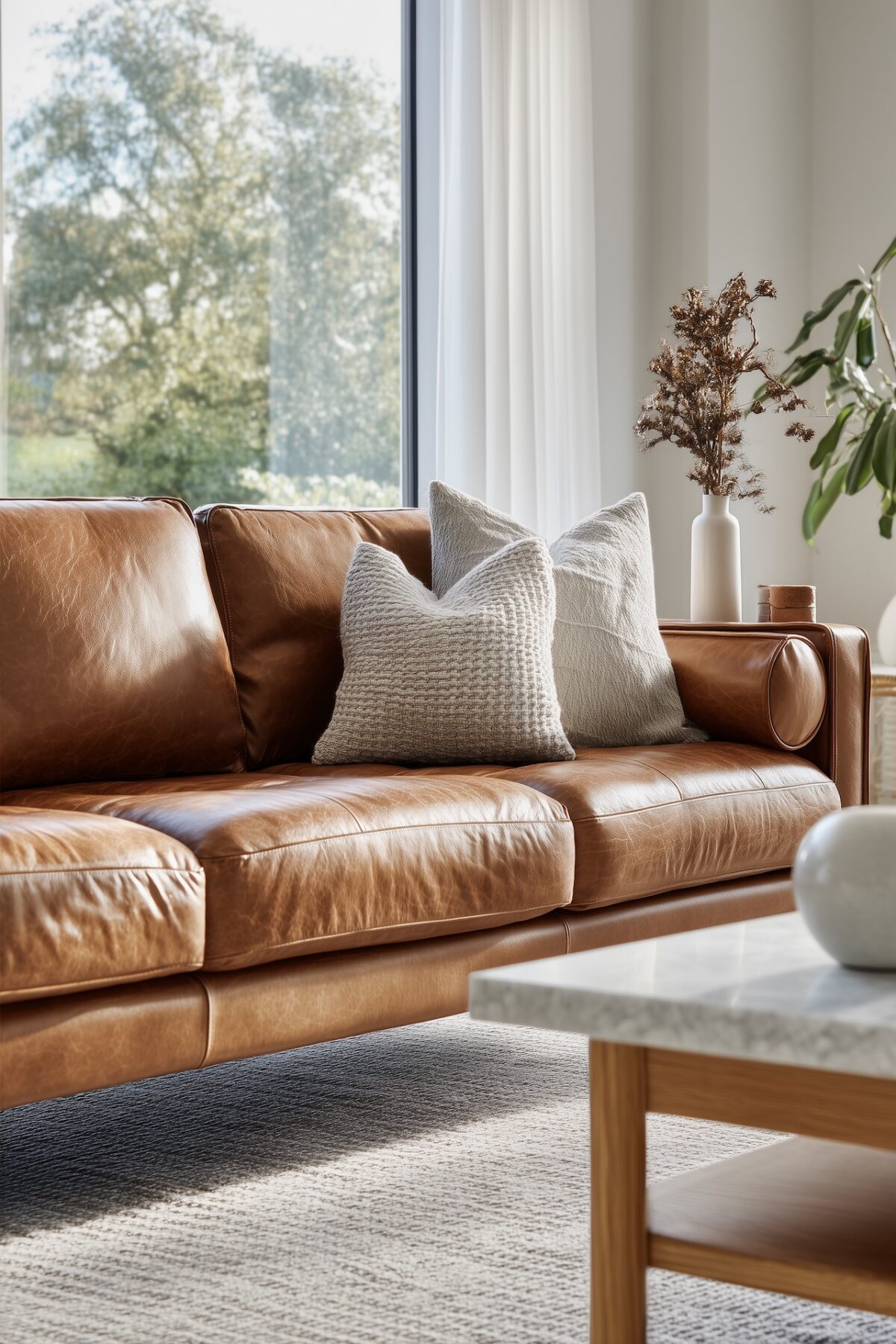 canapé cuir cognac salon contemporain lumineux