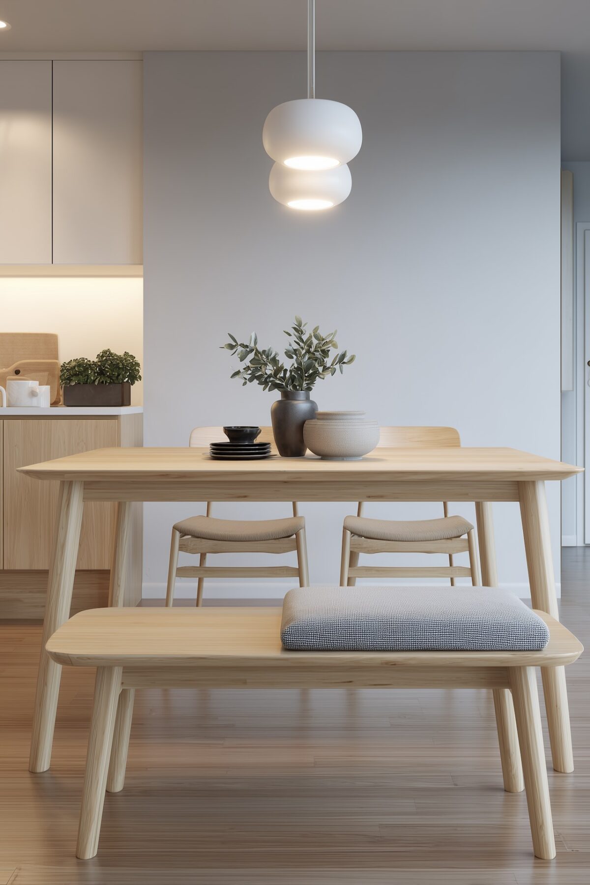 coin repas petit espace table bois clair banc minimaliste