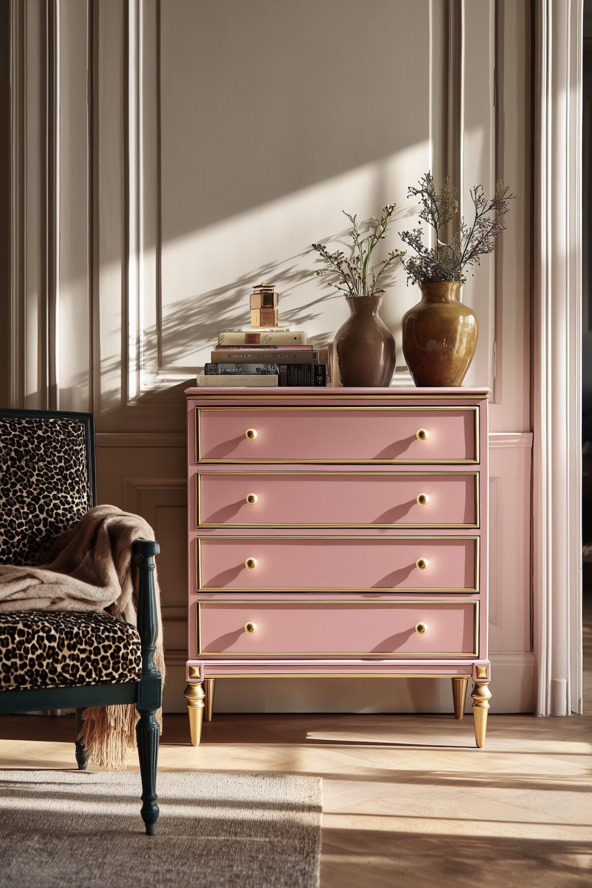 commode rose poudré rénovée style classique