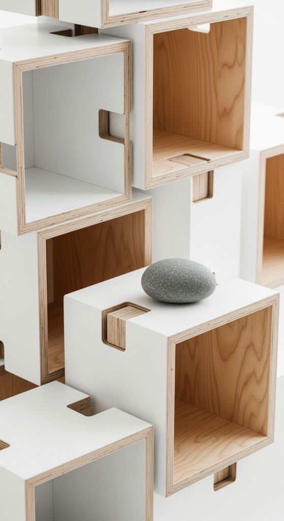 Composition abstraite de cubes de rangement modulables en bois et blanc, emboîtés de manière asymétrique, illustrant la modularité.