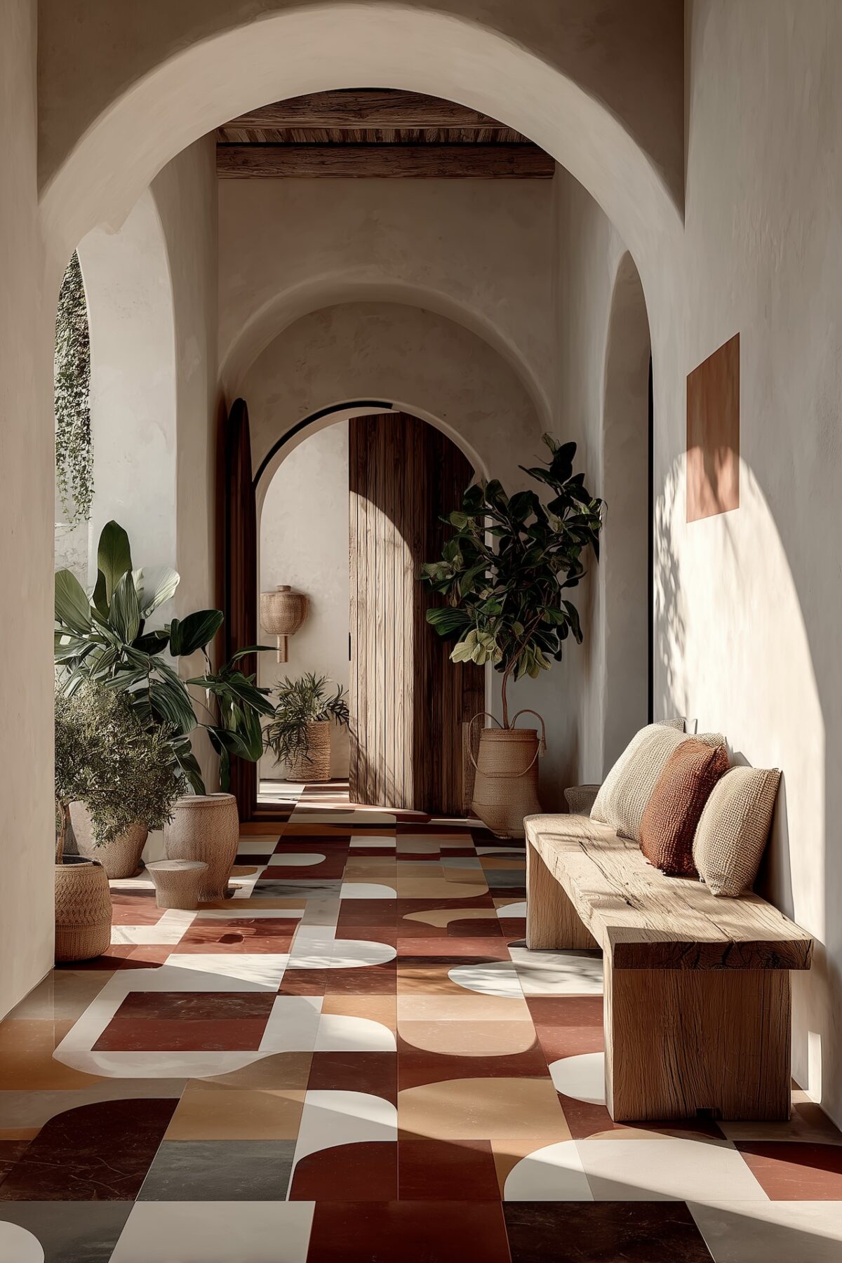 Couloir voûté avec banquette en bois et parquet peint terracotta et crème à motif arches, lumière chaude