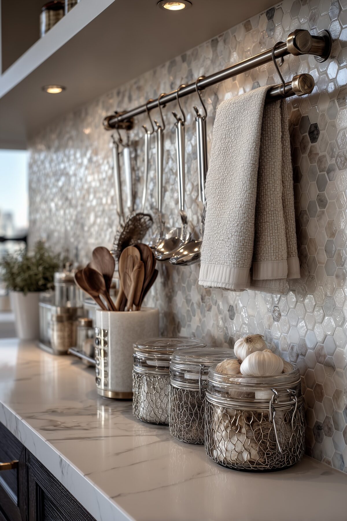 crédence hexagone mini cuisine zellige beige laiton