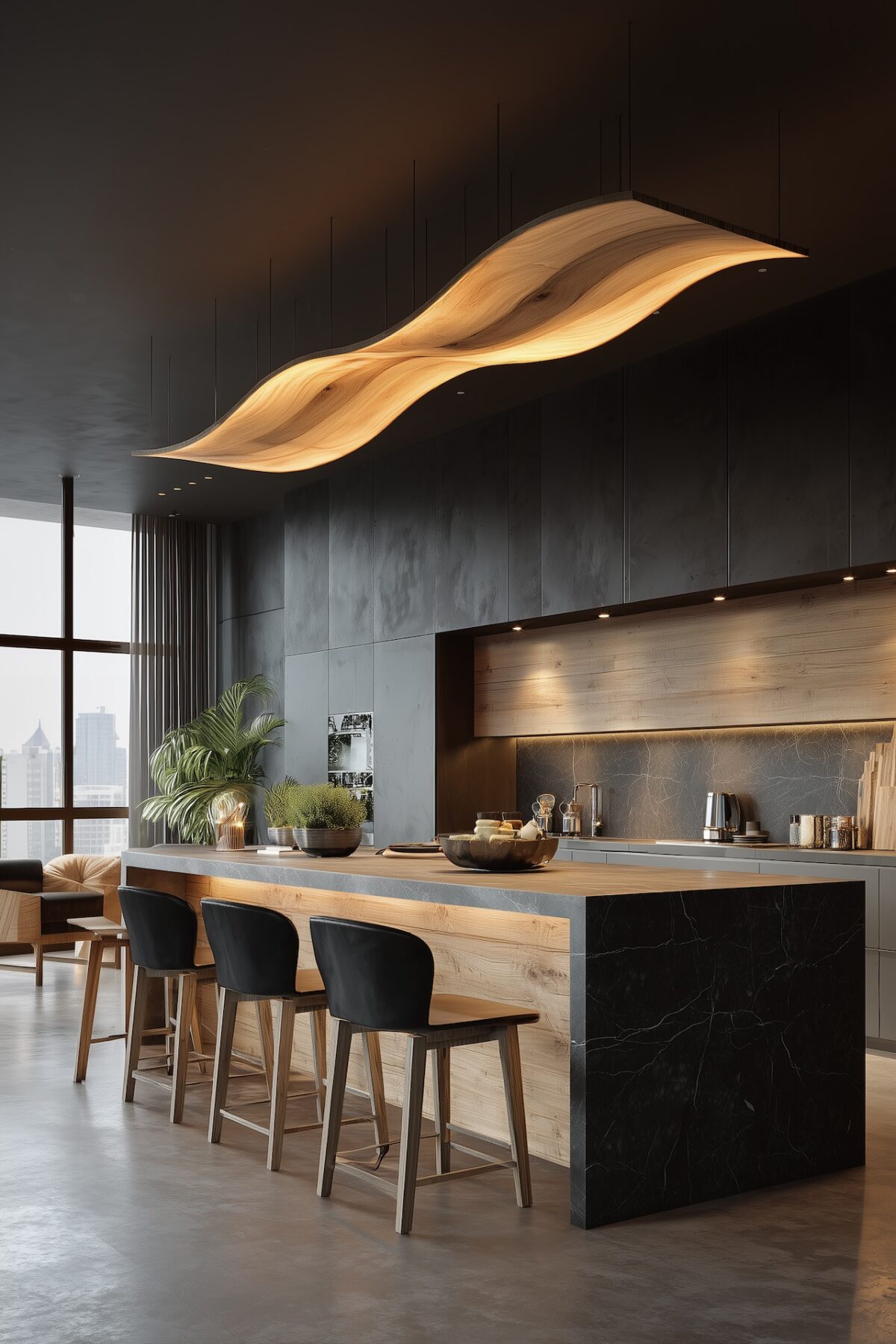 cuisine contemporaine ilot bois plafond bas
