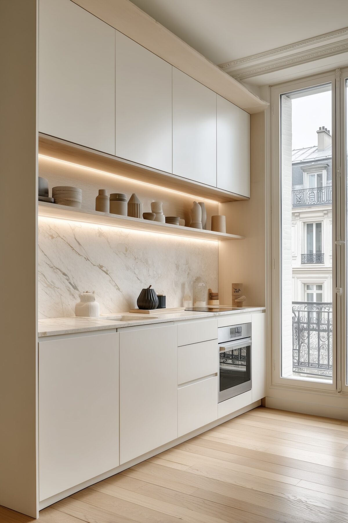 cuisine en i marbre beige appartement paris 30m2