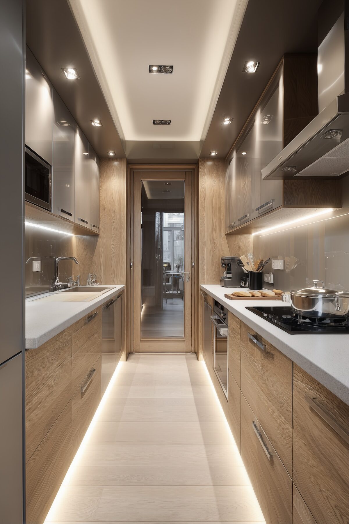 cuisine en longueur bois moderne éclairage intégré