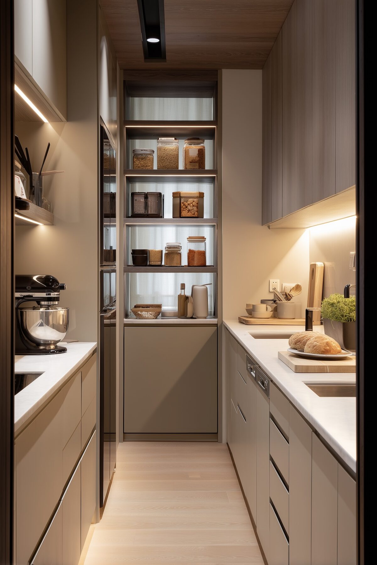 cuisine étroite moderne avec rangements optimisés