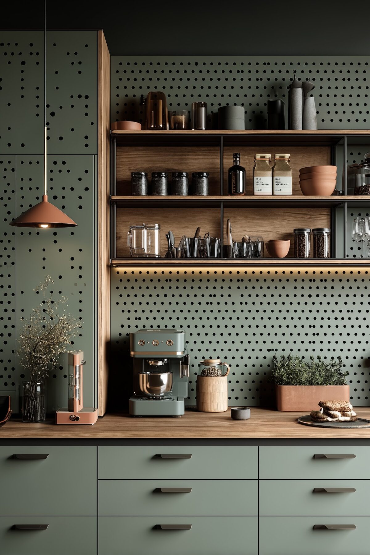 cuisine verte industrielle étagères murales pegboard