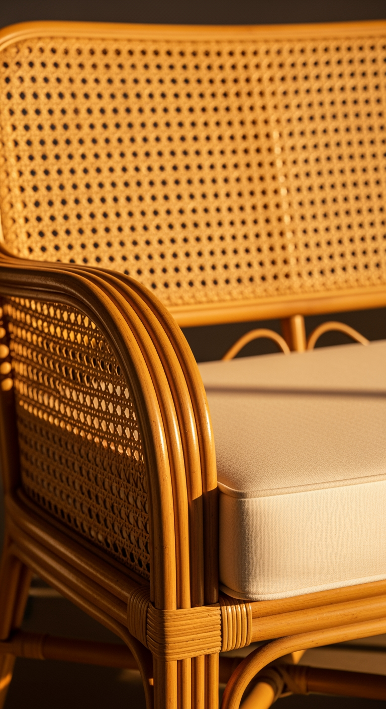 Détail d'un meuble en rotin éclatant, dont les fibres brillent sous une lumière chaude, signe d'un entretien parfait.