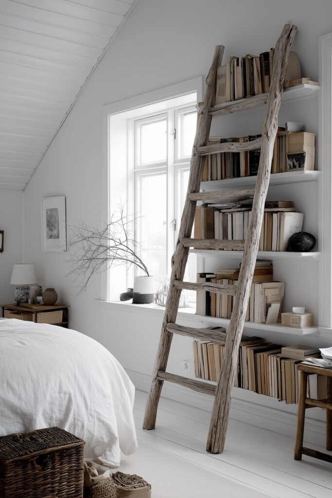 échelle bibliothèque bois chambre sous combles lumineuse