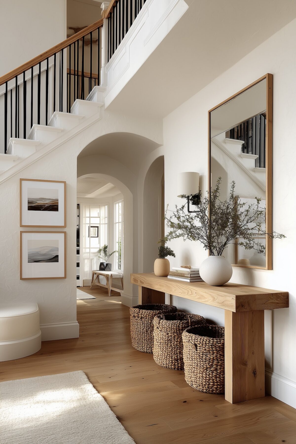 entrée minimaliste console bois escalier blanc garde-corps métal noir