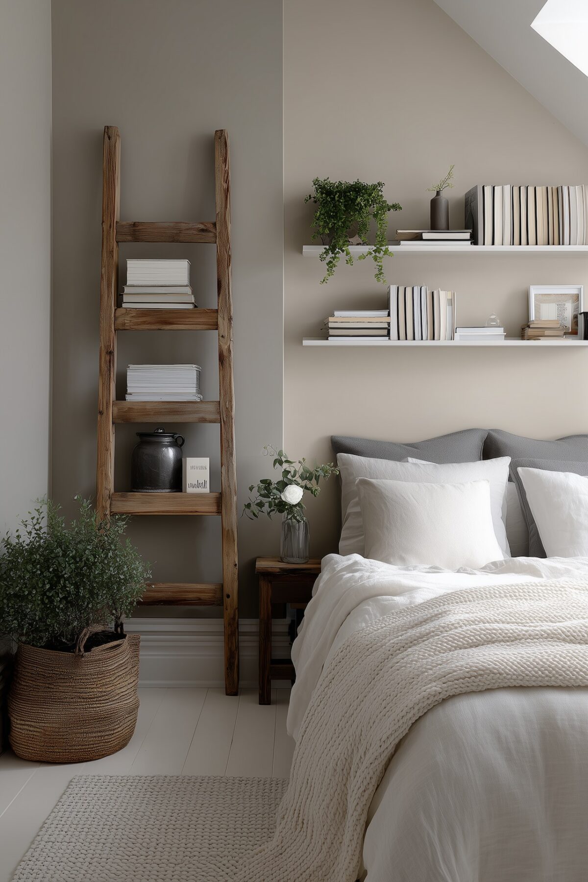 étagère échelle bois chambre minimaliste beige