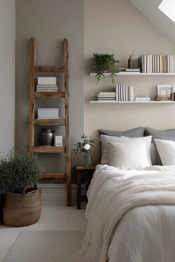 étagère échelle bois chambre minimaliste beige