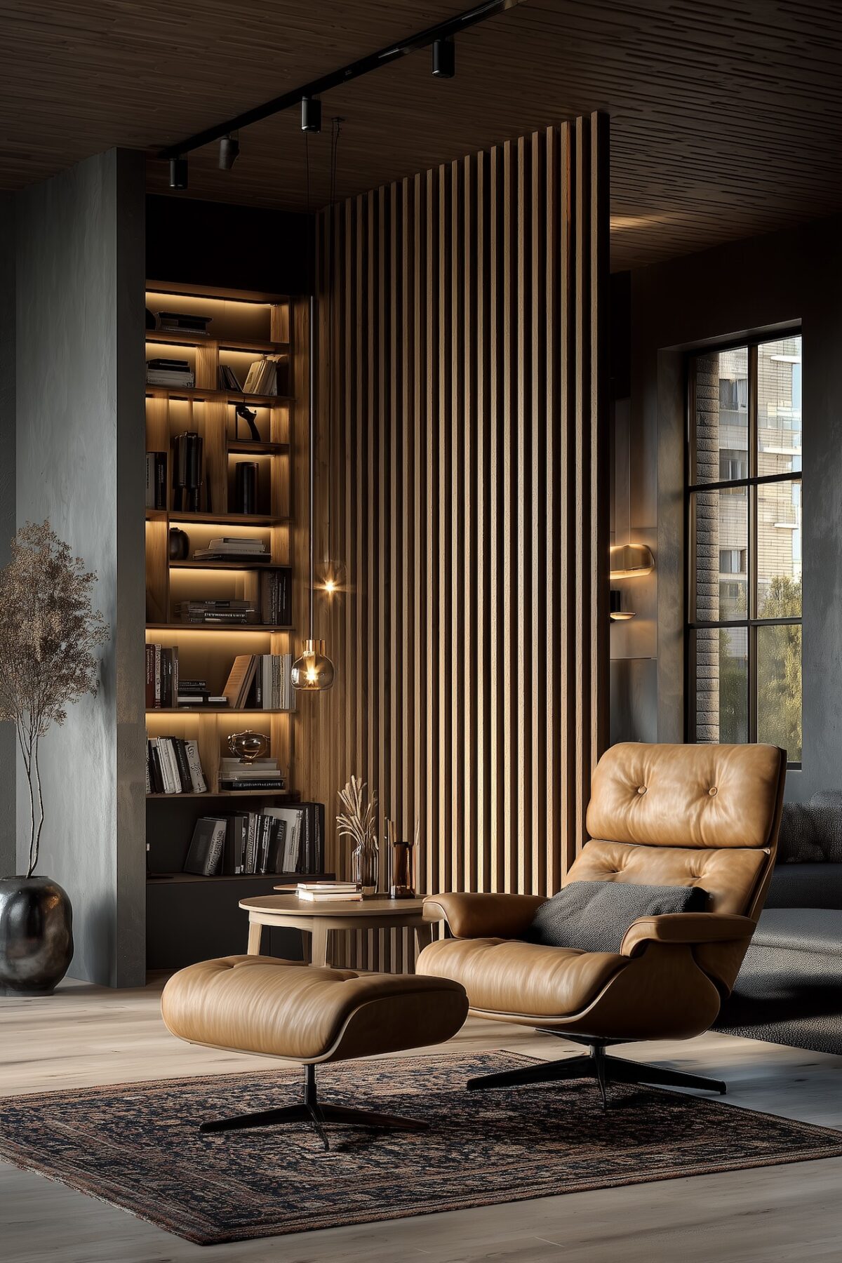 fauteuil cuir design salon bibliothèque bois