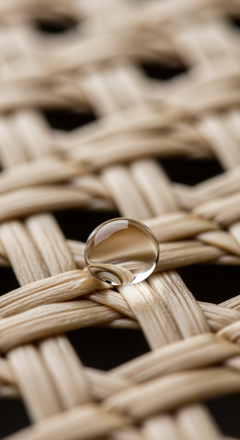 Goutte d'eau perlant parfaitement sur une fibre de rotin traitée, démontrant une protection efficace.