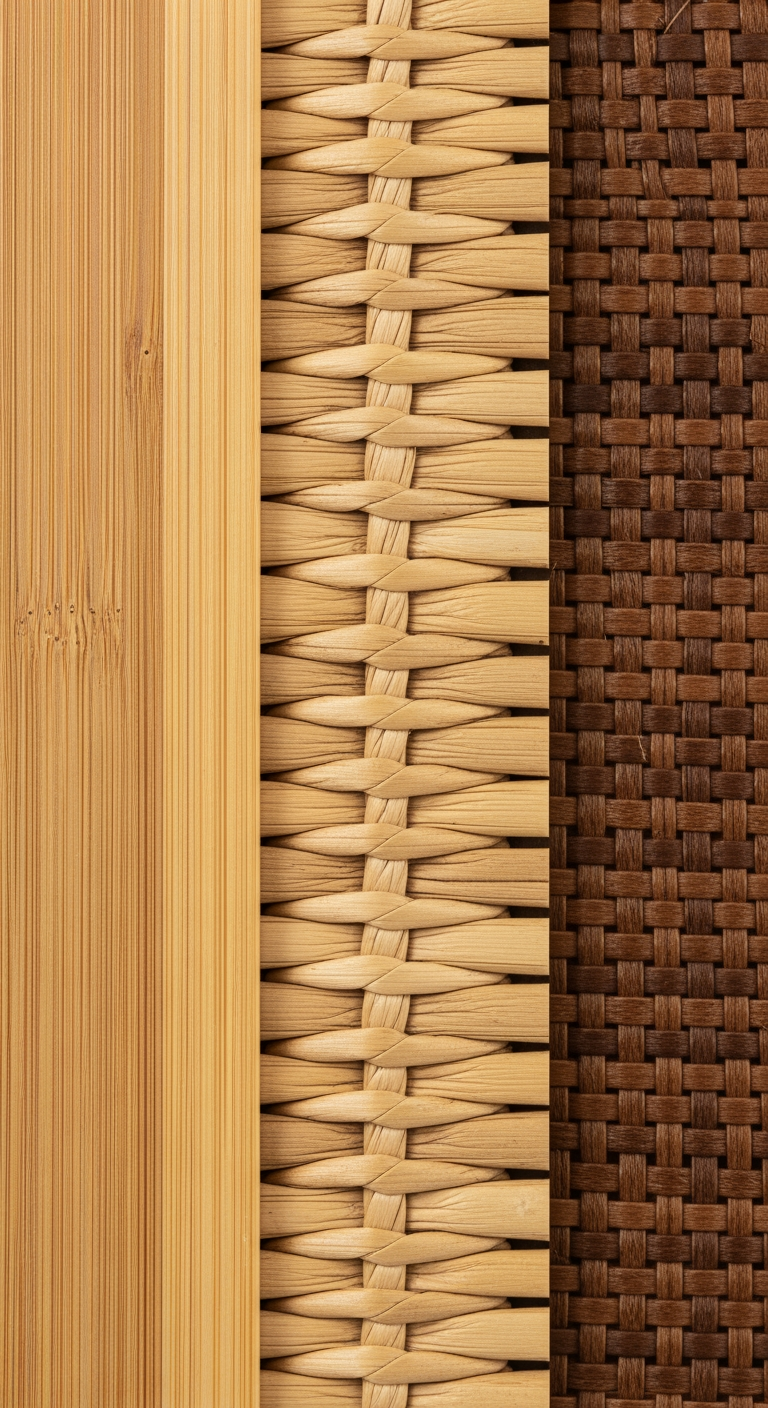 Gros plan comparatif des textures du bambou lisse, du rotin naturel tressé et du polyrotin synthétique.