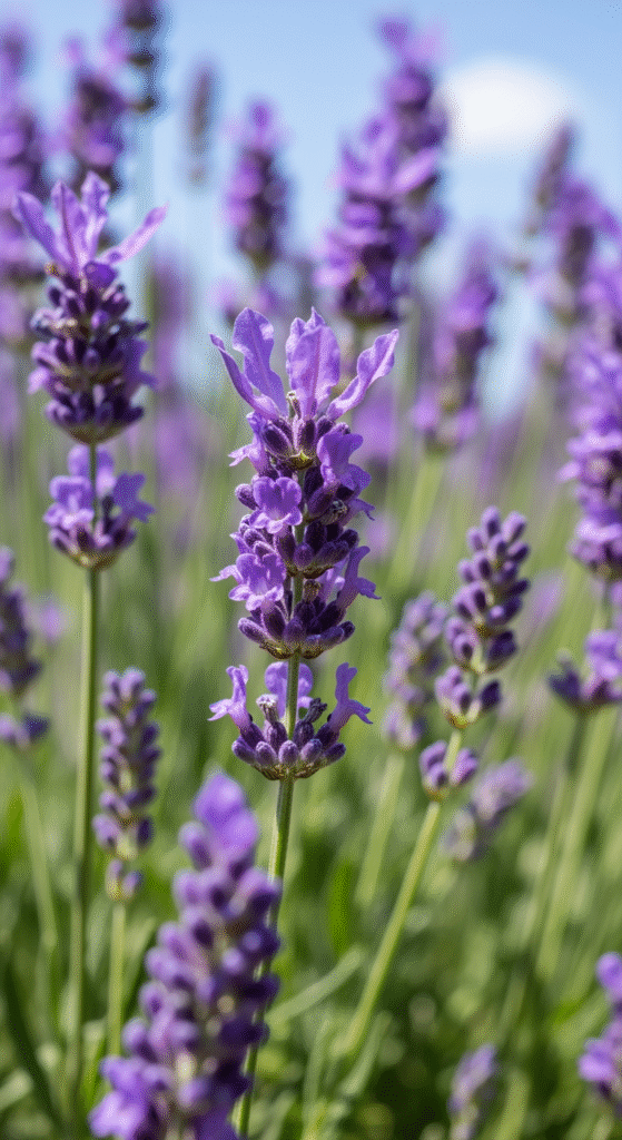 Gros plan sur des fleurs de lavande violettes en pleine floraison, baignées de soleil, illustrant une plante de plein soleil.
