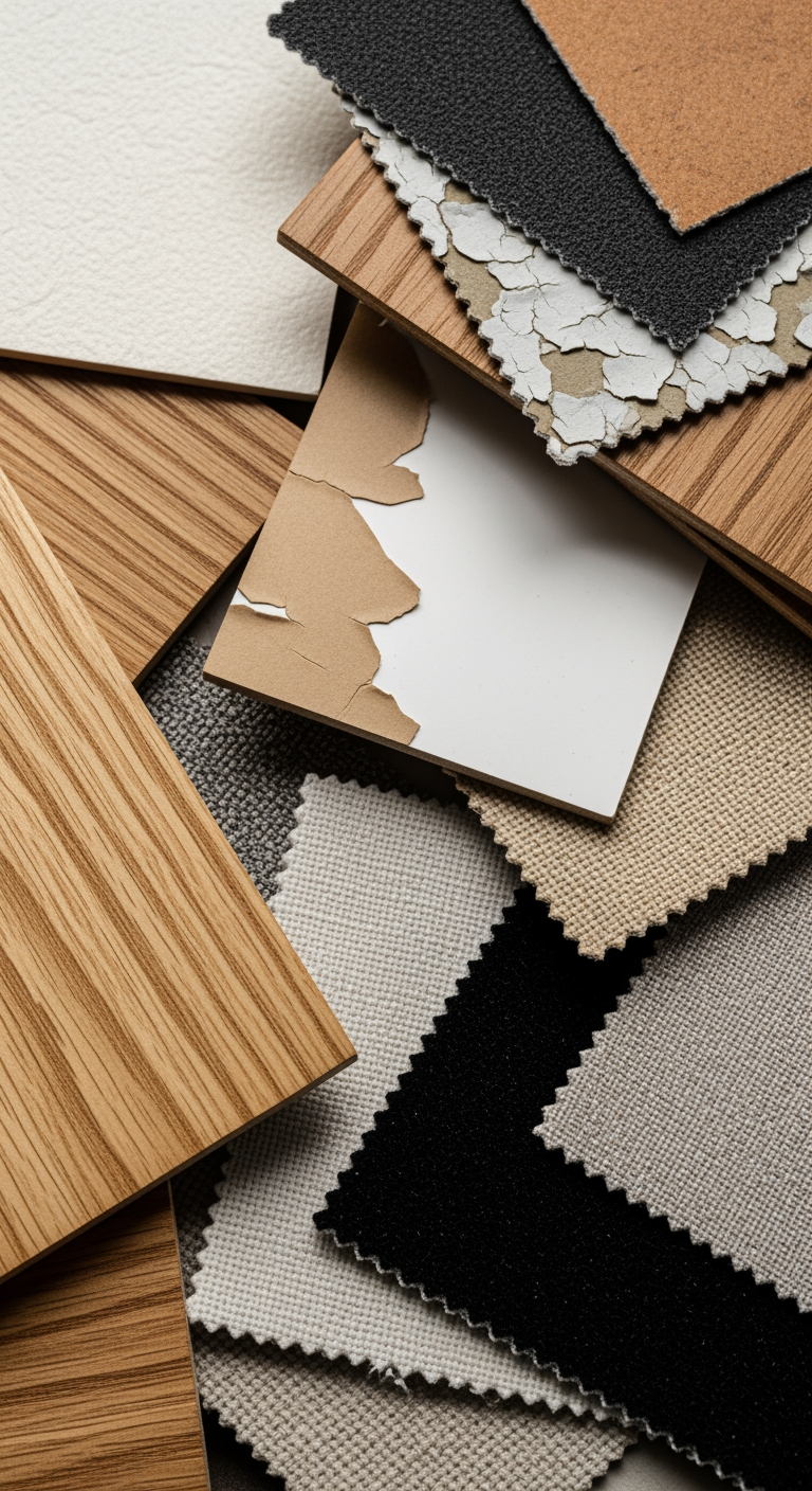 Gros plan sur un enchevêtrement de différents échantillons de bois et de tissus, illustrant la confusion des matériaux.