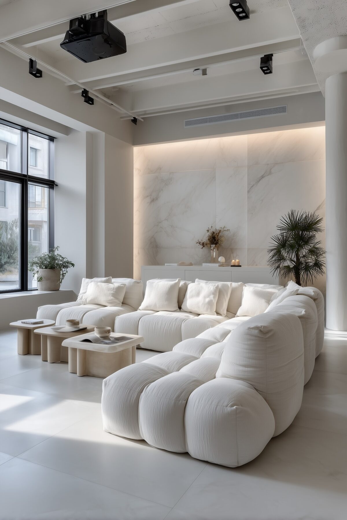 idée déco séjour cuisine ouverte canapé tout blanc