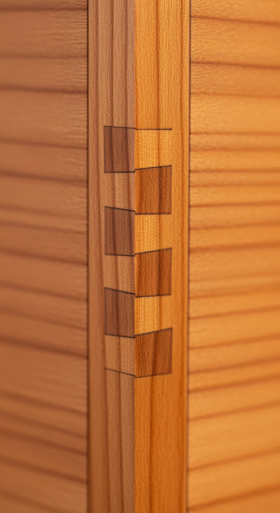 Macro-photographie d'un assemblage en queue d'aronde parfait sur un meuble en bois, symbolisant l'inspection des détails.