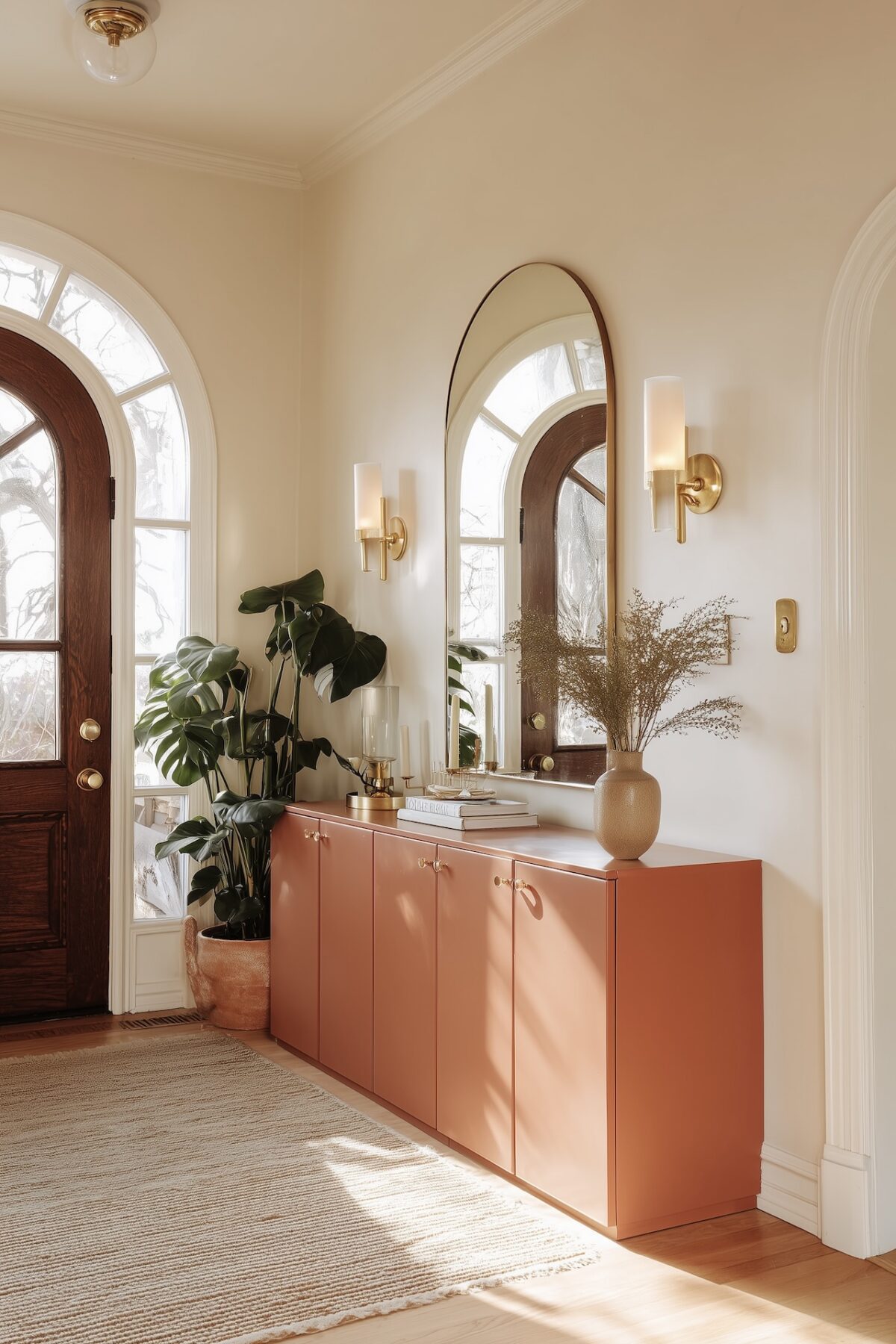 meuble entrée terracotta repeint miroir arche