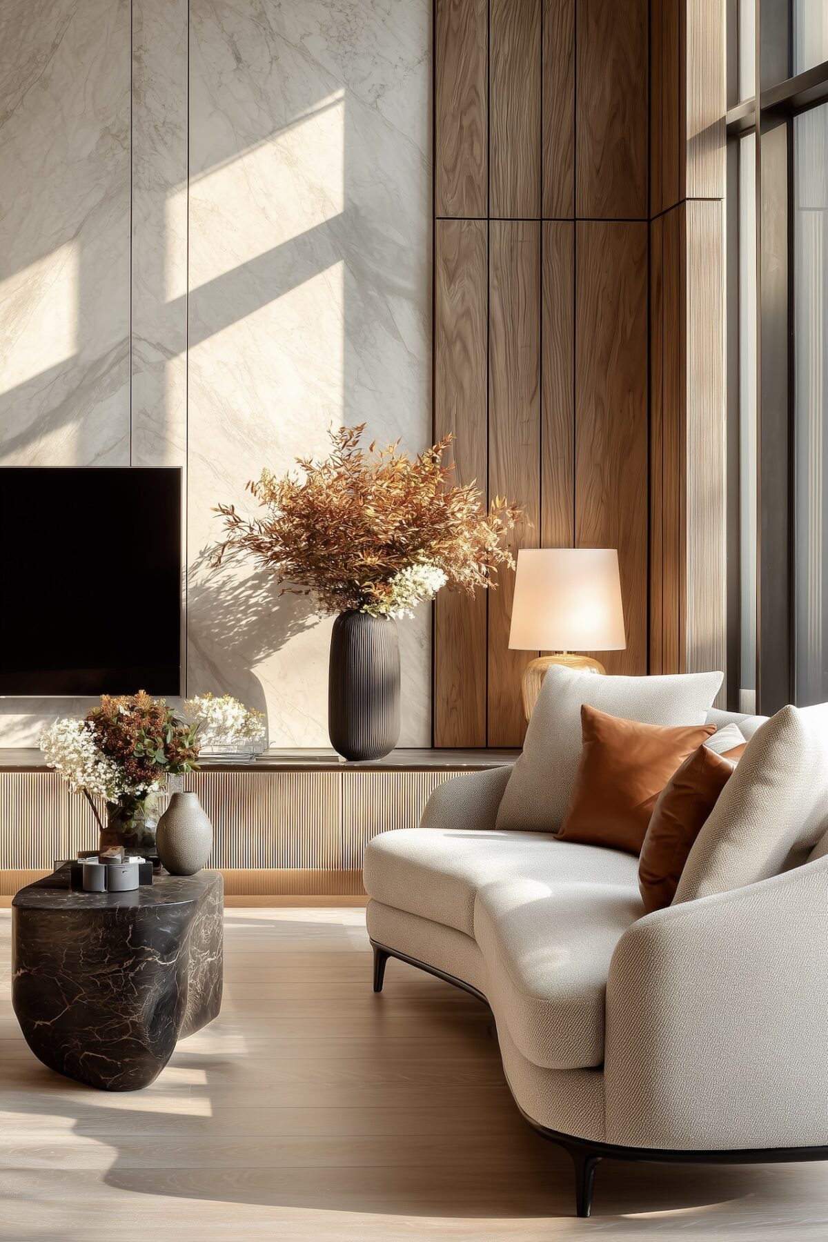 mur marbre bois intérieur cosy moderne luxe table marbre noire