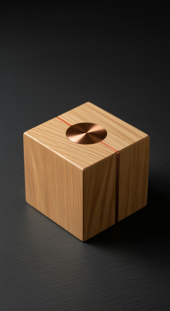 Objet en bois noble avec une incrustation métallique polie, représentant un sceau de certification et de qualité.