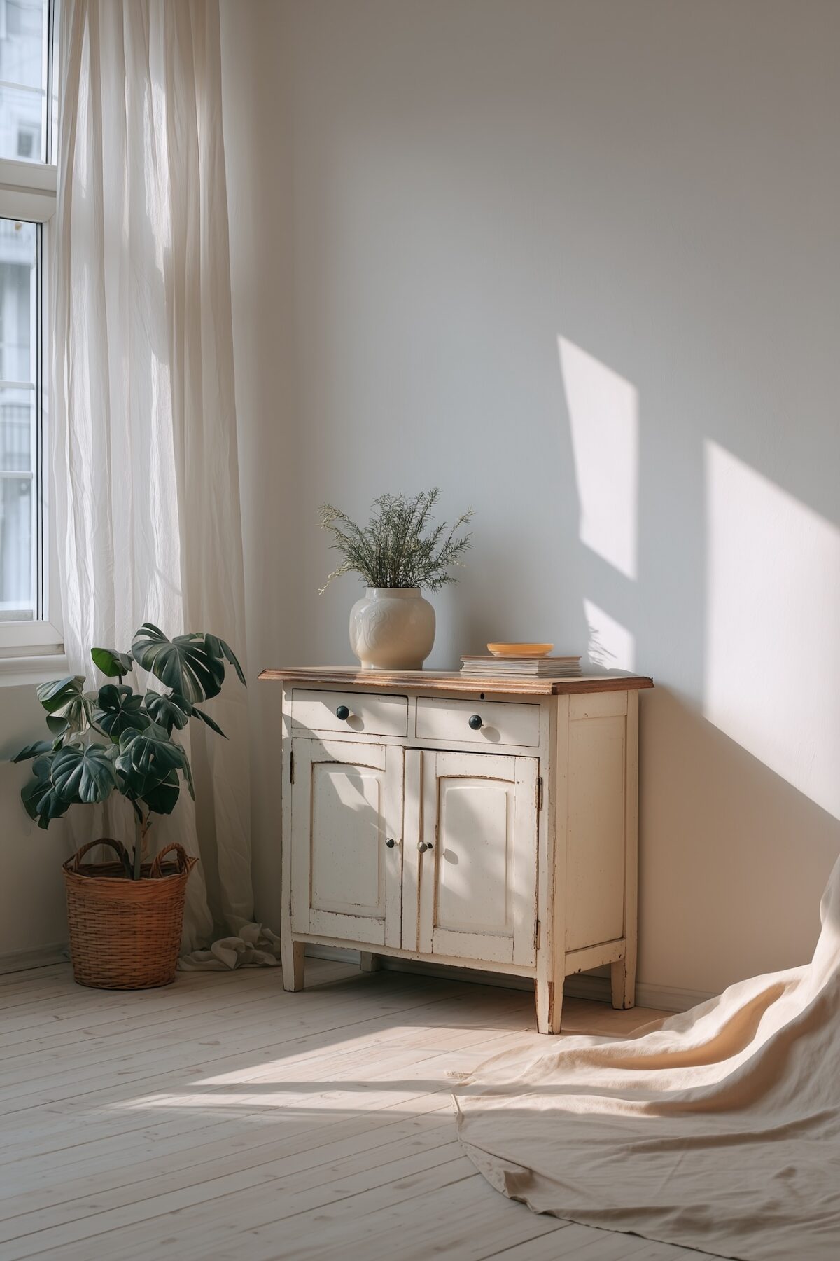 petite commode ancienne blanche patinée lumière naturelle