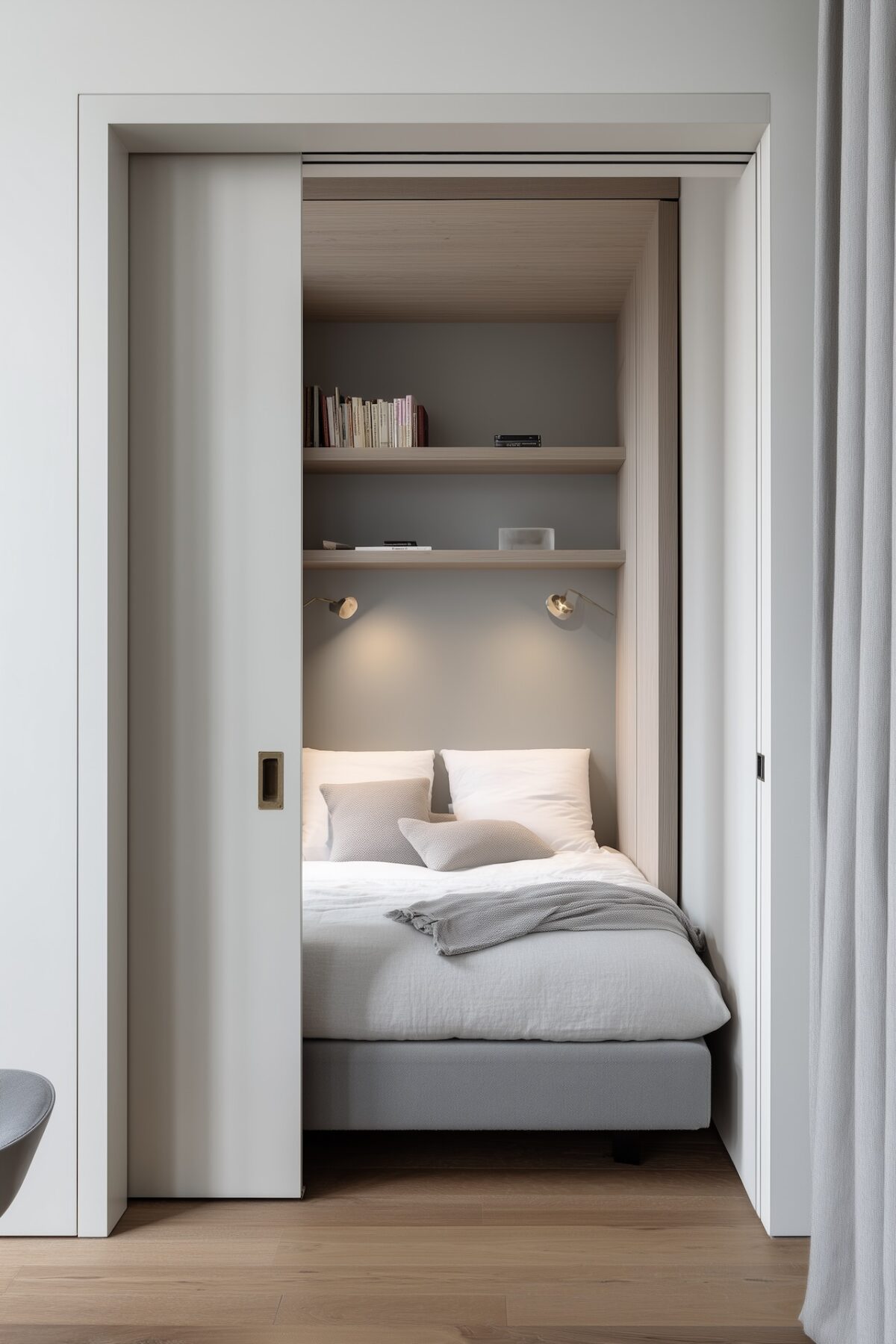 Porte coulissante à galandage pour fermer le coin nuit, avec étagères intégrées et lumière naturelle