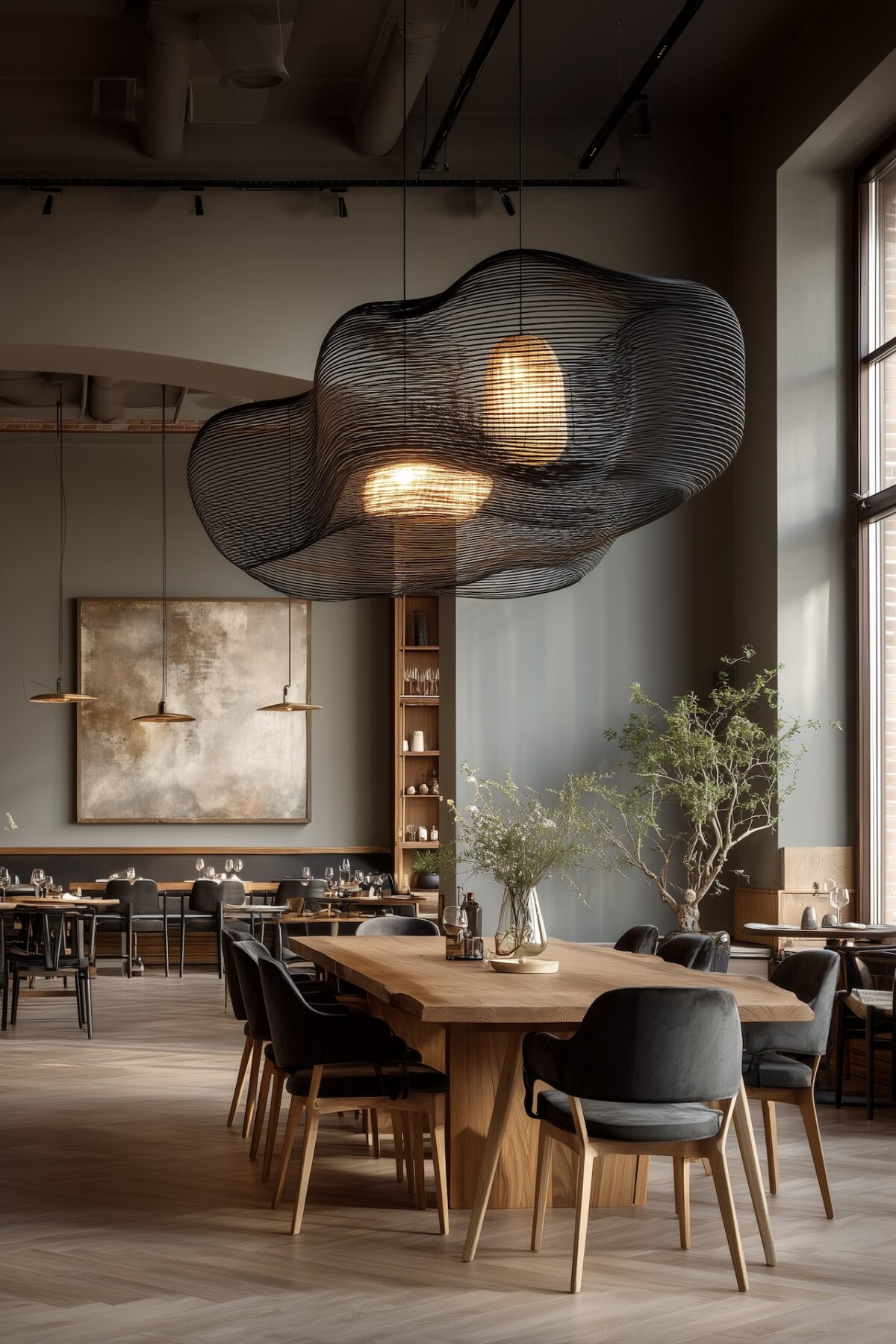 restaurant design japandi mobilier bois massif chaise tissu gris anthracite