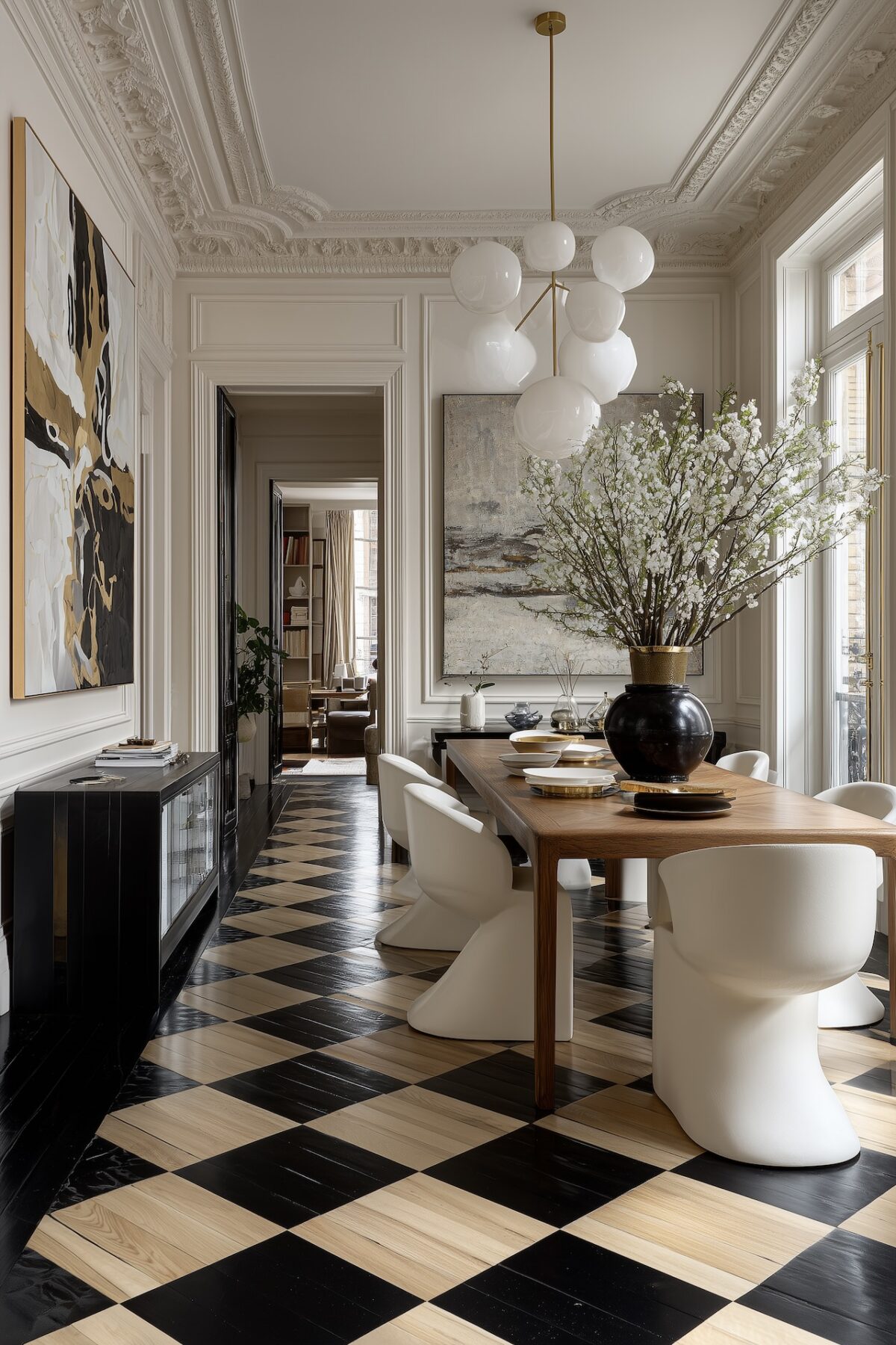 Salle à manger haussmann avec table en bois et parquet peint damier noir et bois, rendu haut de gamme
