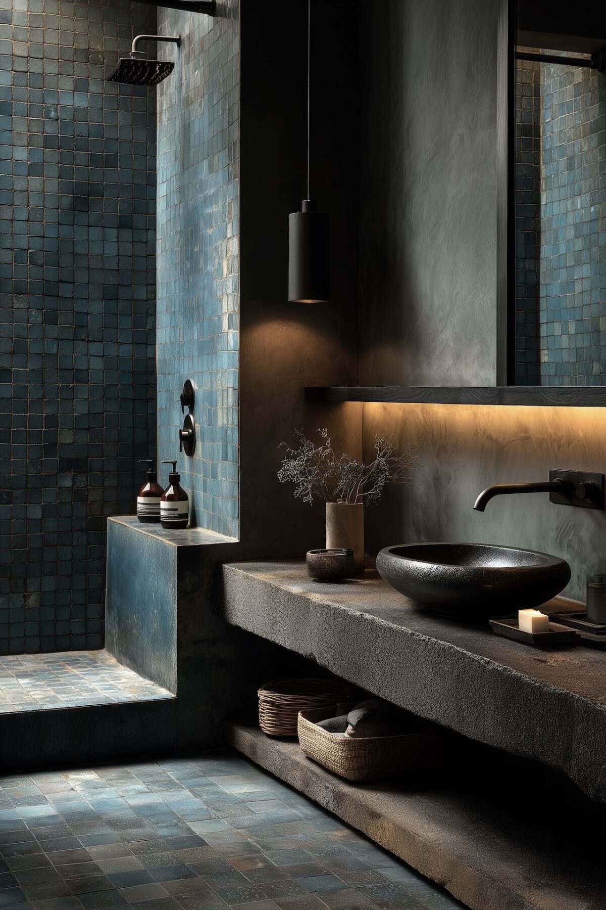 salle de bain bleu profond zellige pose entretien artisanat